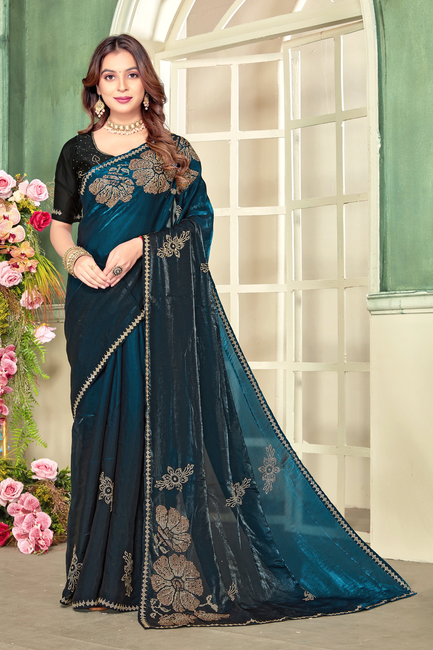 Morpeach Heavy Zircon Work Fendi Satin Silk Two Tone Saree