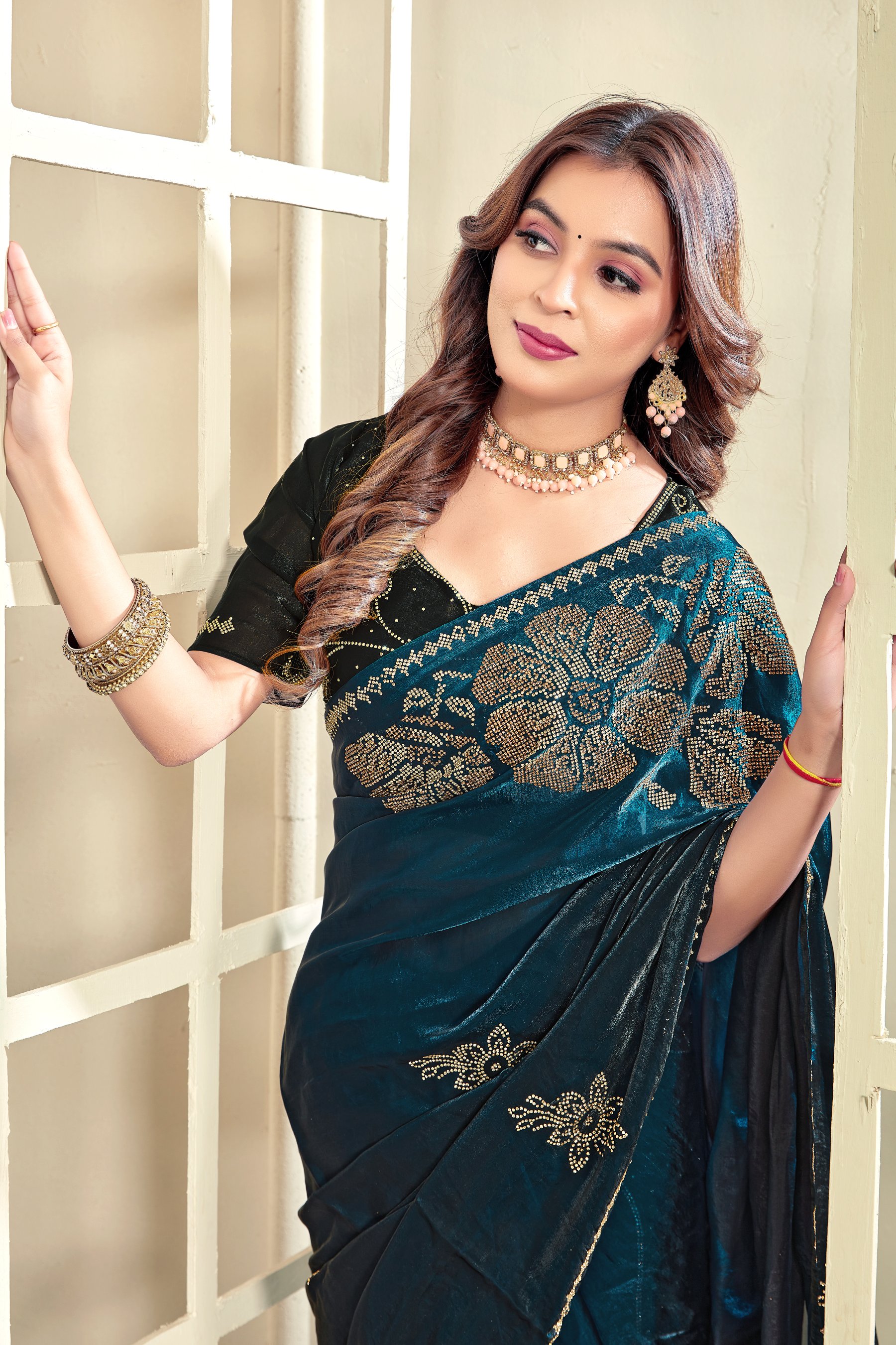 Morpeach Heavy Zircon Work Fendi Satin Silk Two Tone Saree
