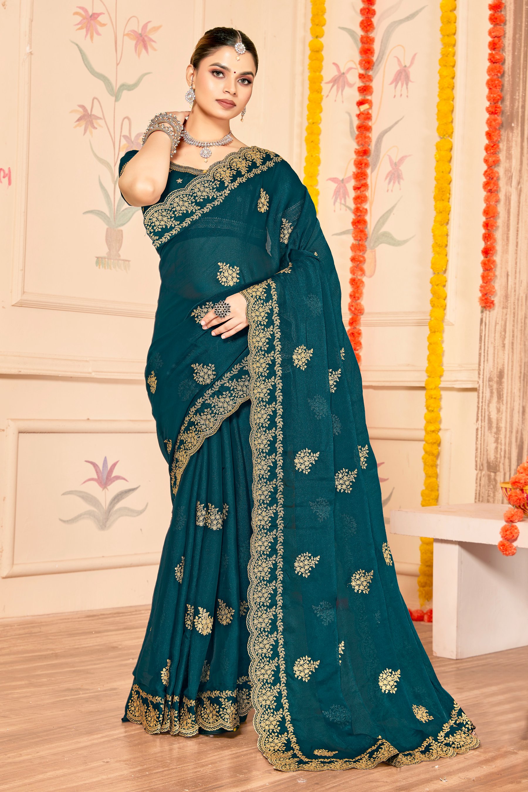 Morpeach Moss Silk Zari Saree