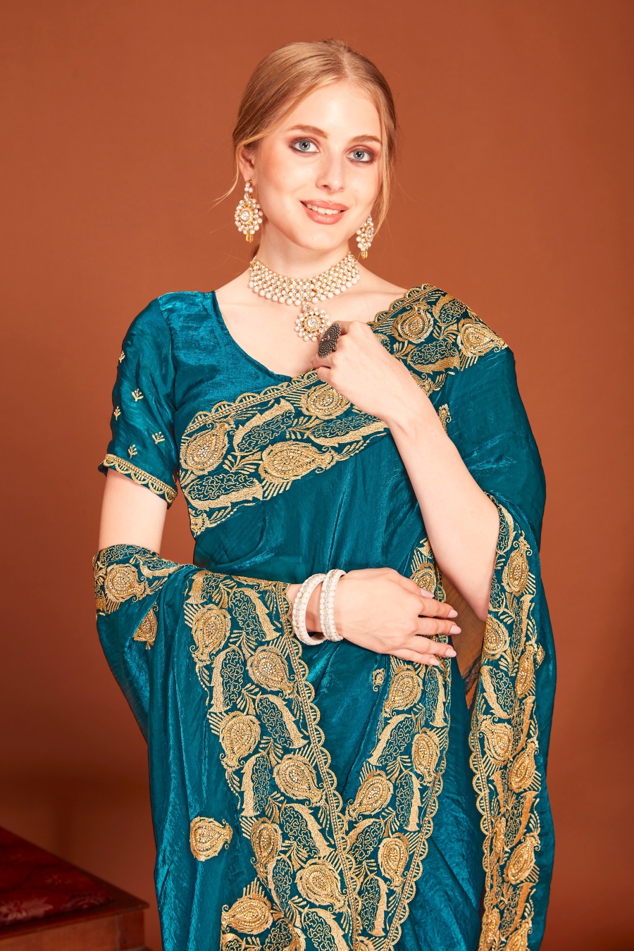 Morpech Fendy Two Tone Silk Zari Embroidered Saree with Zircon Work — alternate view