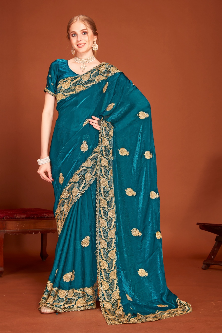 Morpech Fendy Two Tone Silk Zari Embroidered Saree with Zircon Work