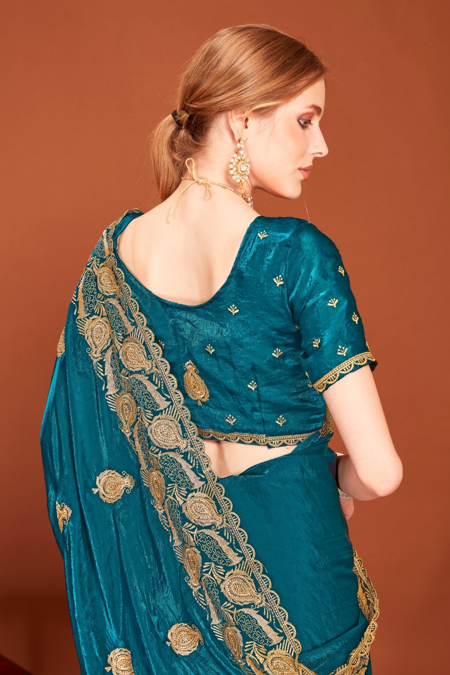 Morpech Fendy Two Tone Silk Zari Embroidered Saree with Zircon Work