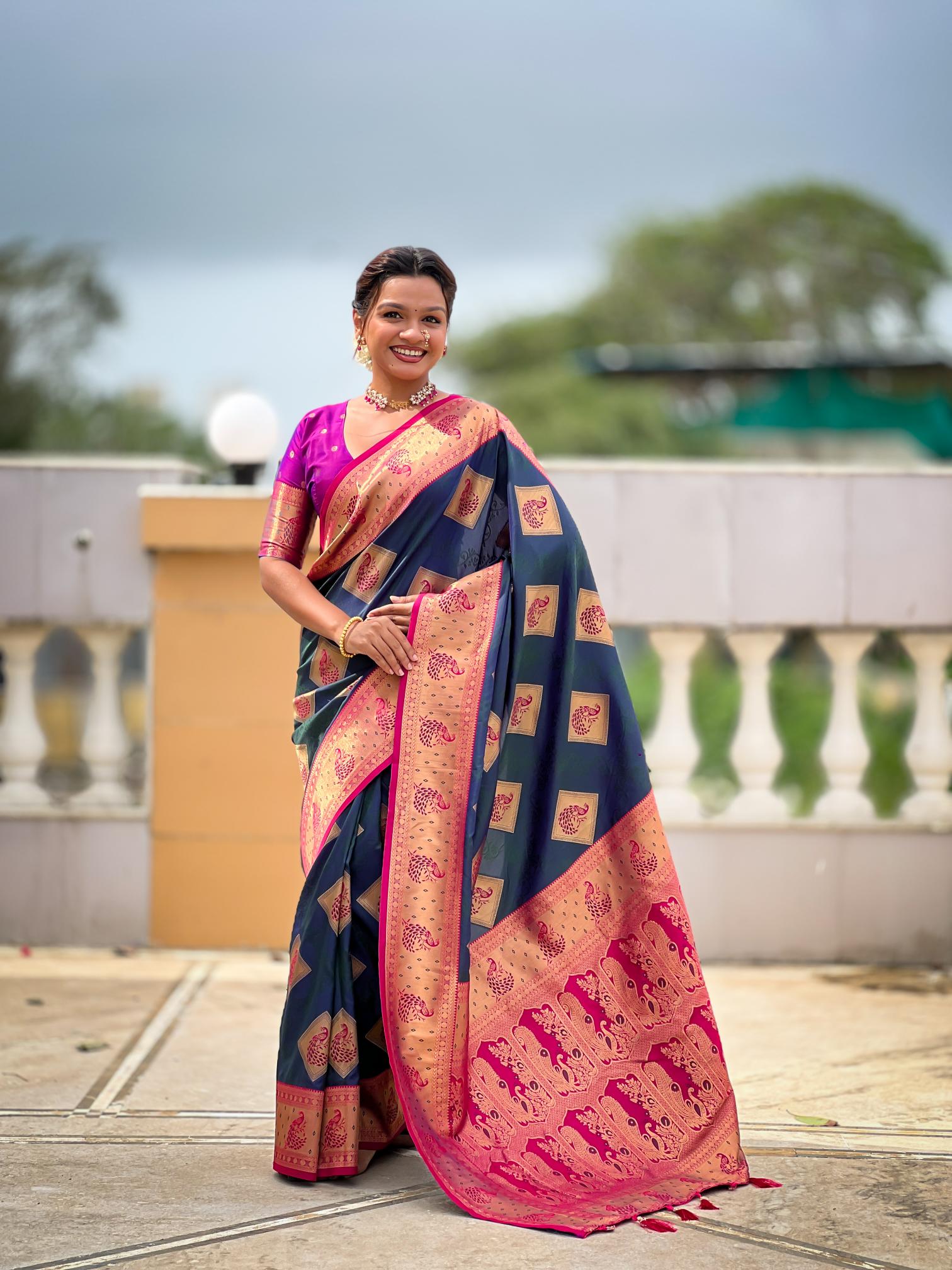 Morpich Magenta Banarasi Silk Saree