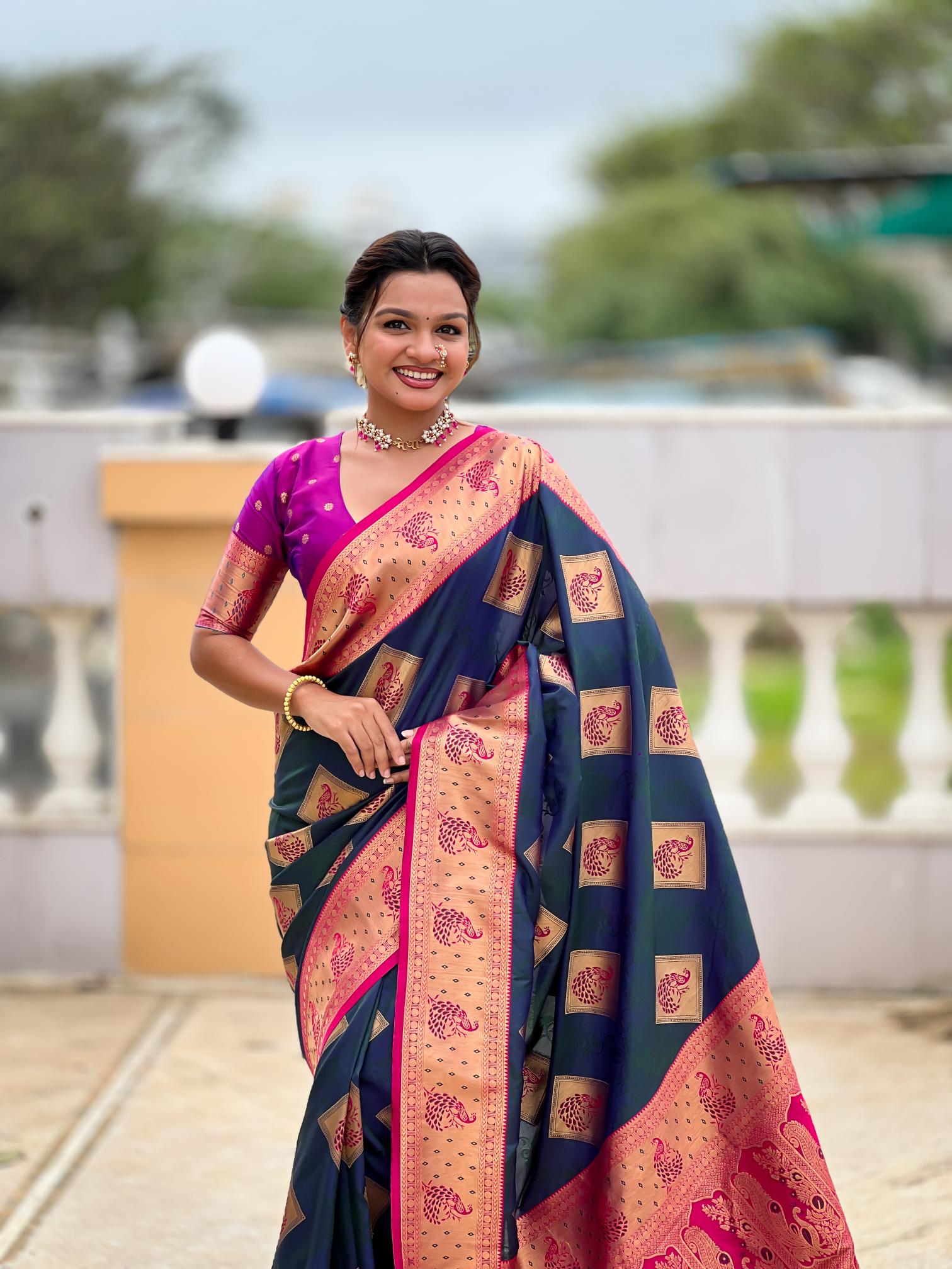Morpich Magenta Banarasi Silk Saree