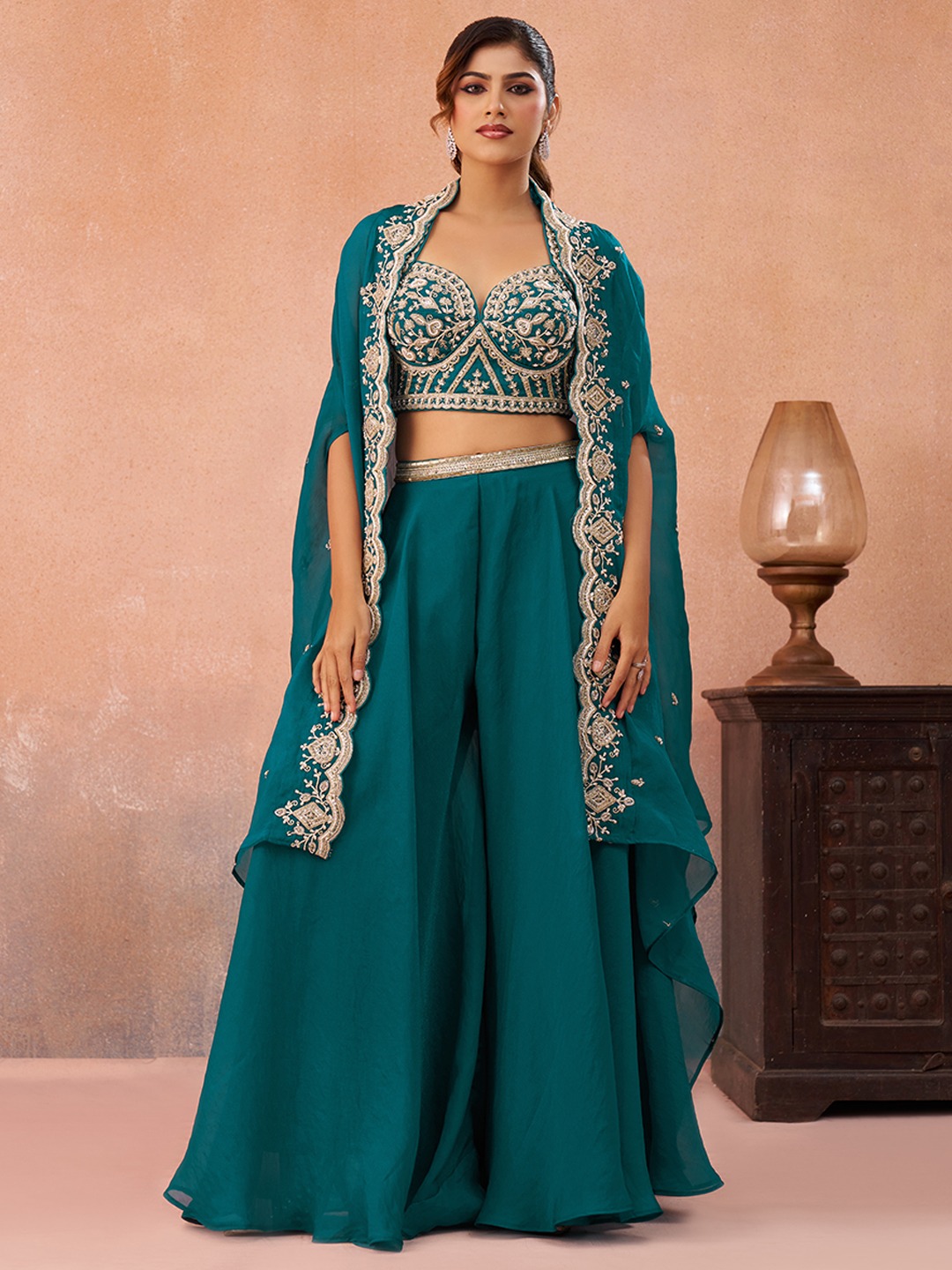 Morpitch Rich Layered Embroidered Organza Indo Western Set