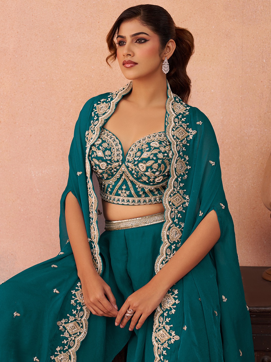 Morpitch Rich Layered Embroidered Organza Indo Western Set