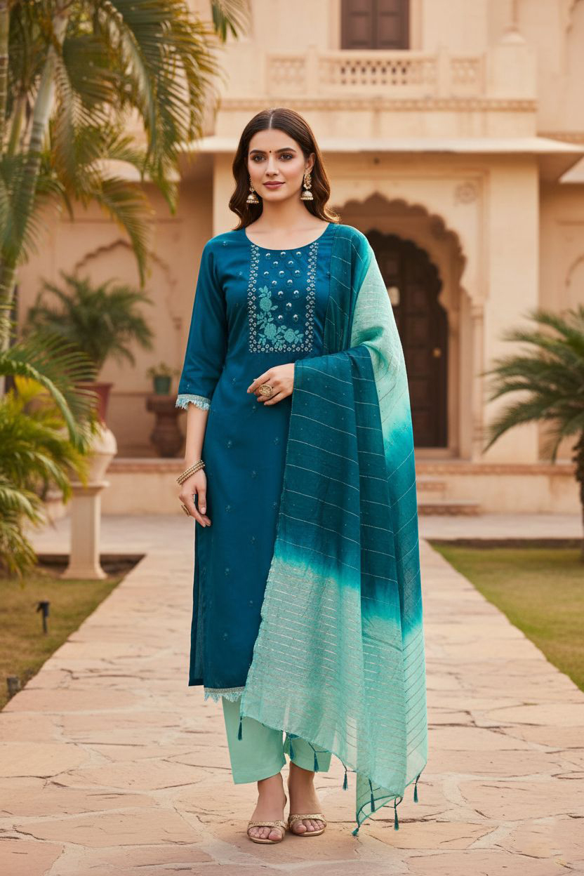Morpitch Sky Blue Embroidered Coco Silk Salwar Suit