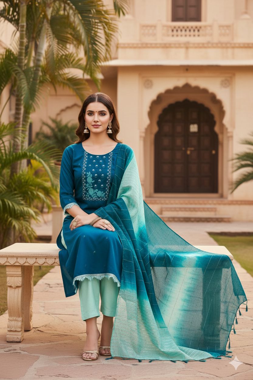 Morpitch Sky Blue Embroidered Coco Silk Salwar Suit — alternate view