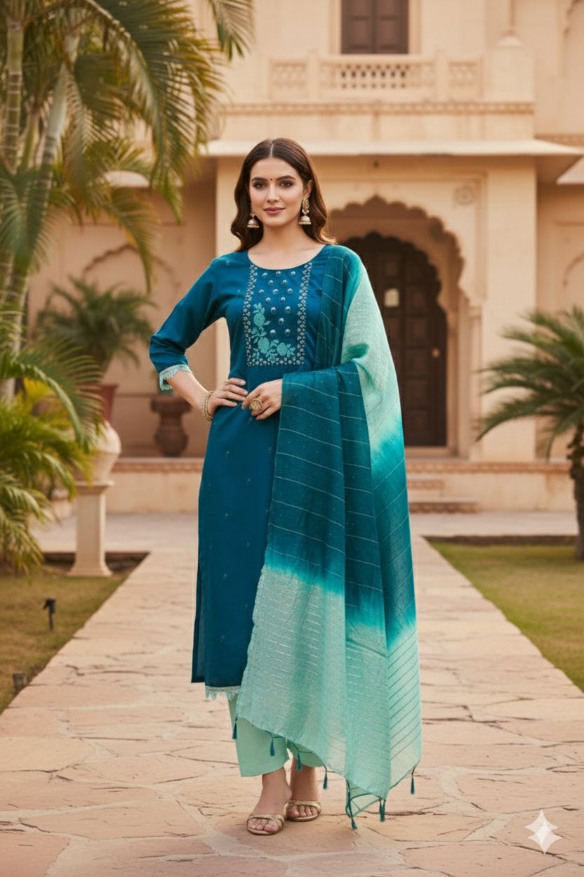 Morpitch Sky Blue Embroidered Coco Silk Salwar Suit