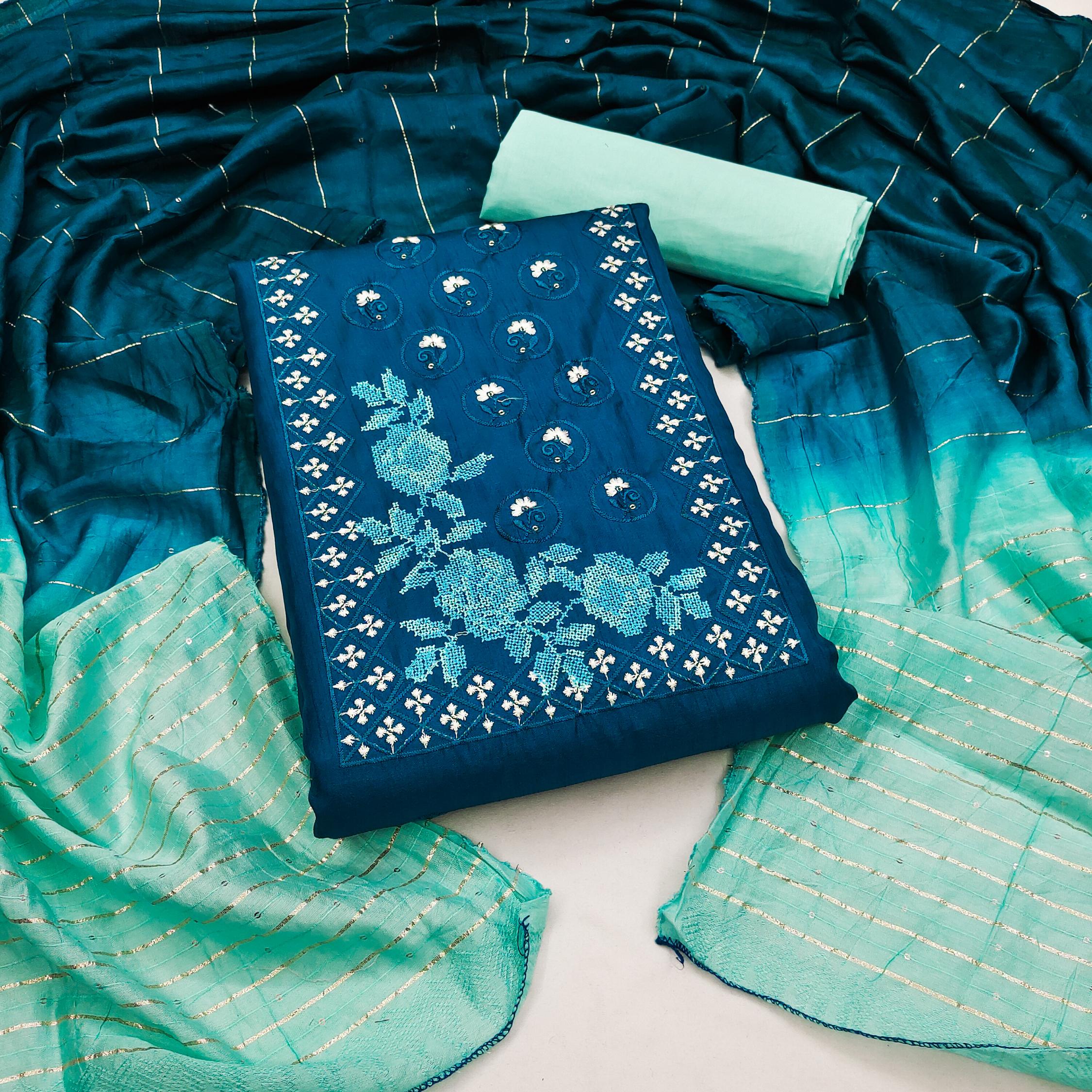 Morpitch Sky Blue Embroidered Coco Silk Salwar Suit
