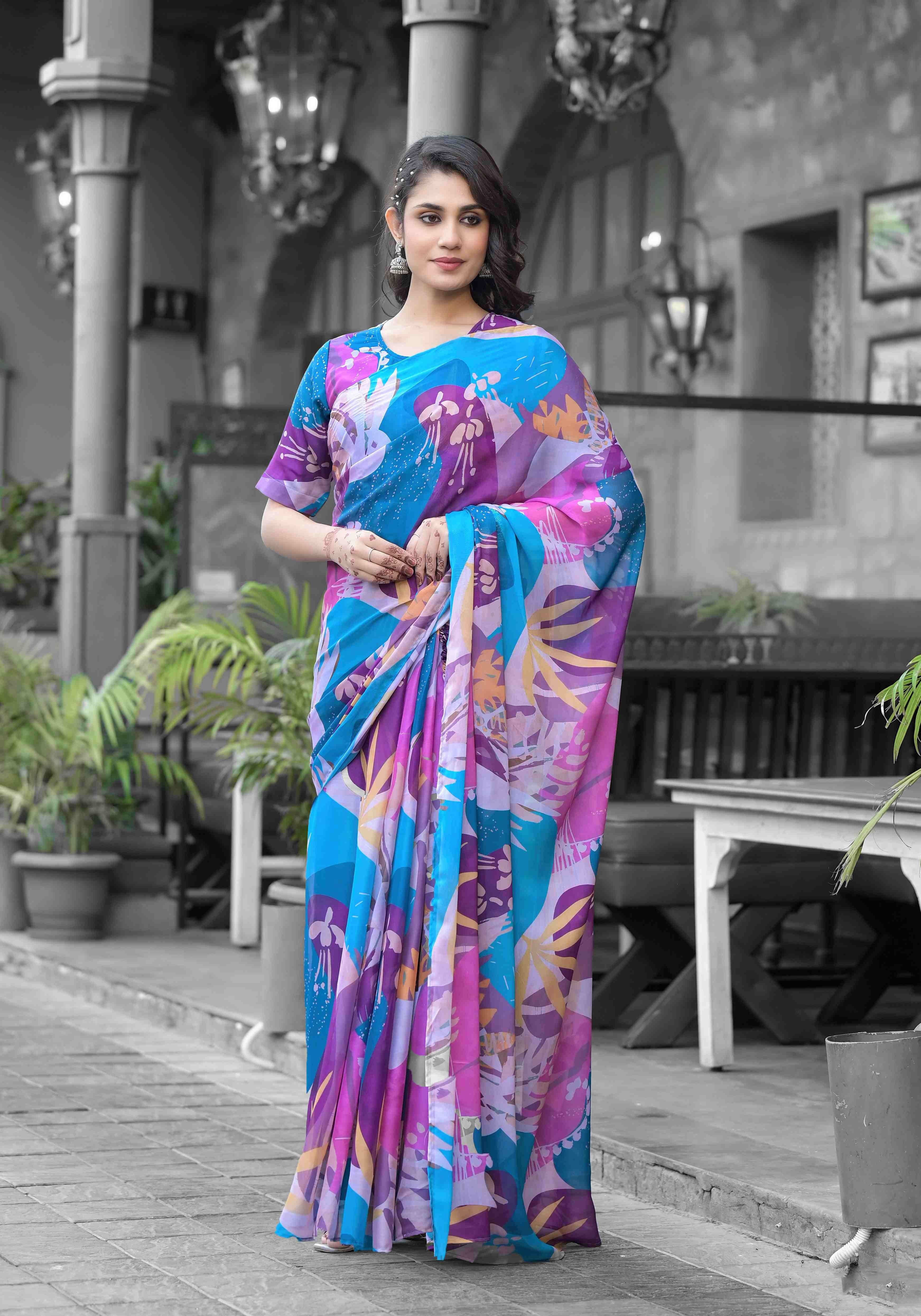 Multi Abstract Digital Print Georgette Saree Gown