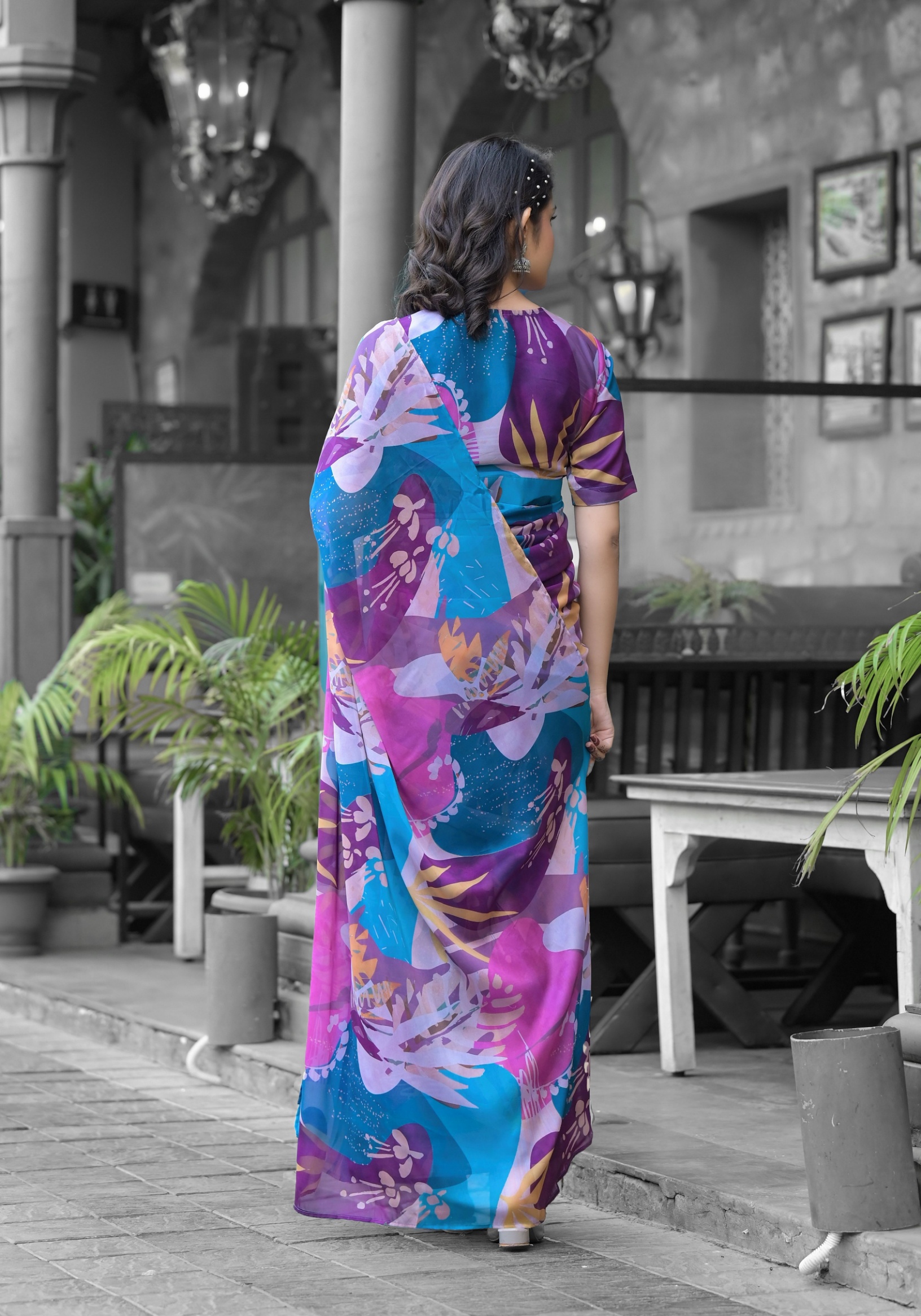 Multi Abstract Digital Print Georgette Saree Gown — alternate view