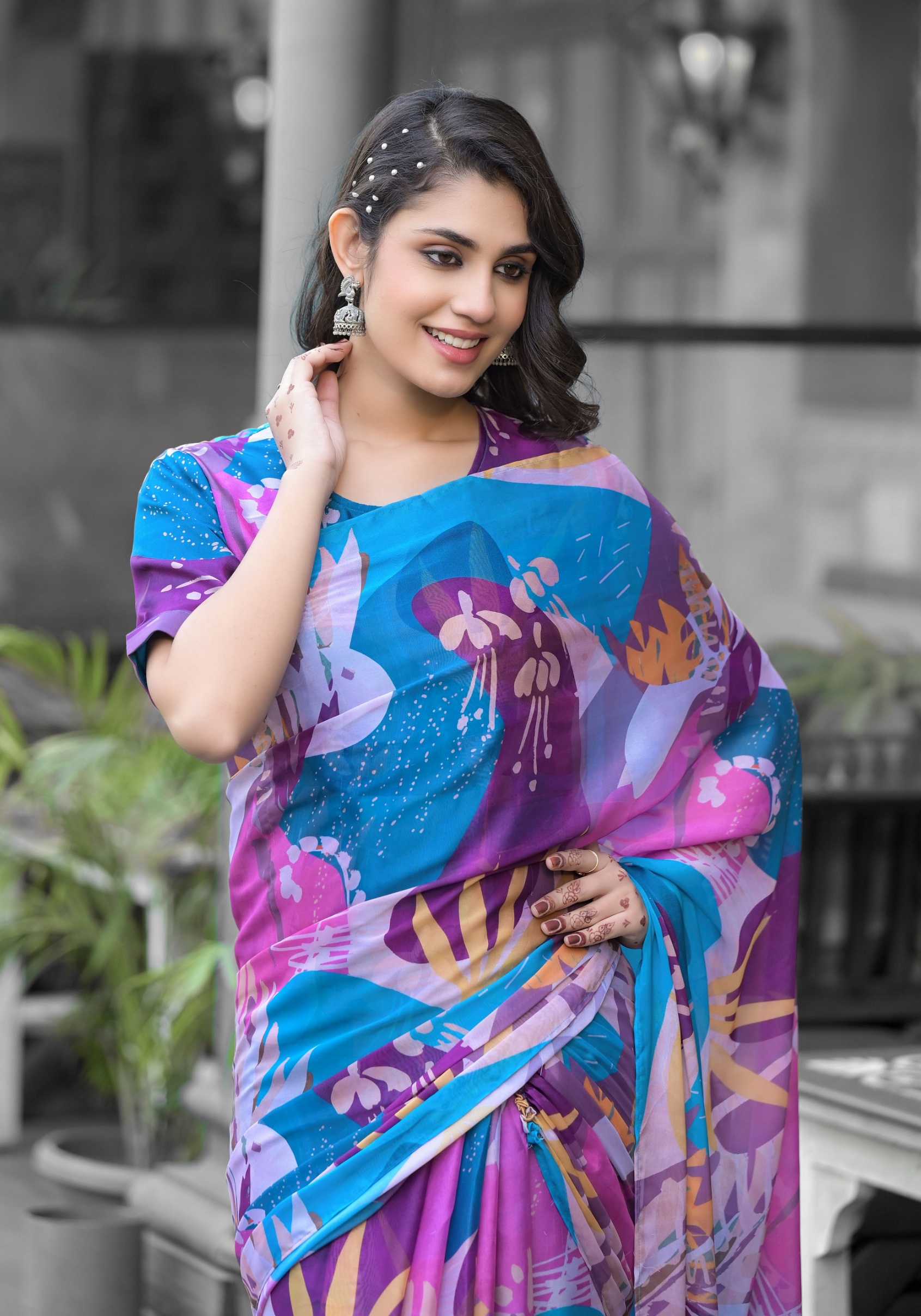 Multi Abstract Digital Print Georgette Saree Gown