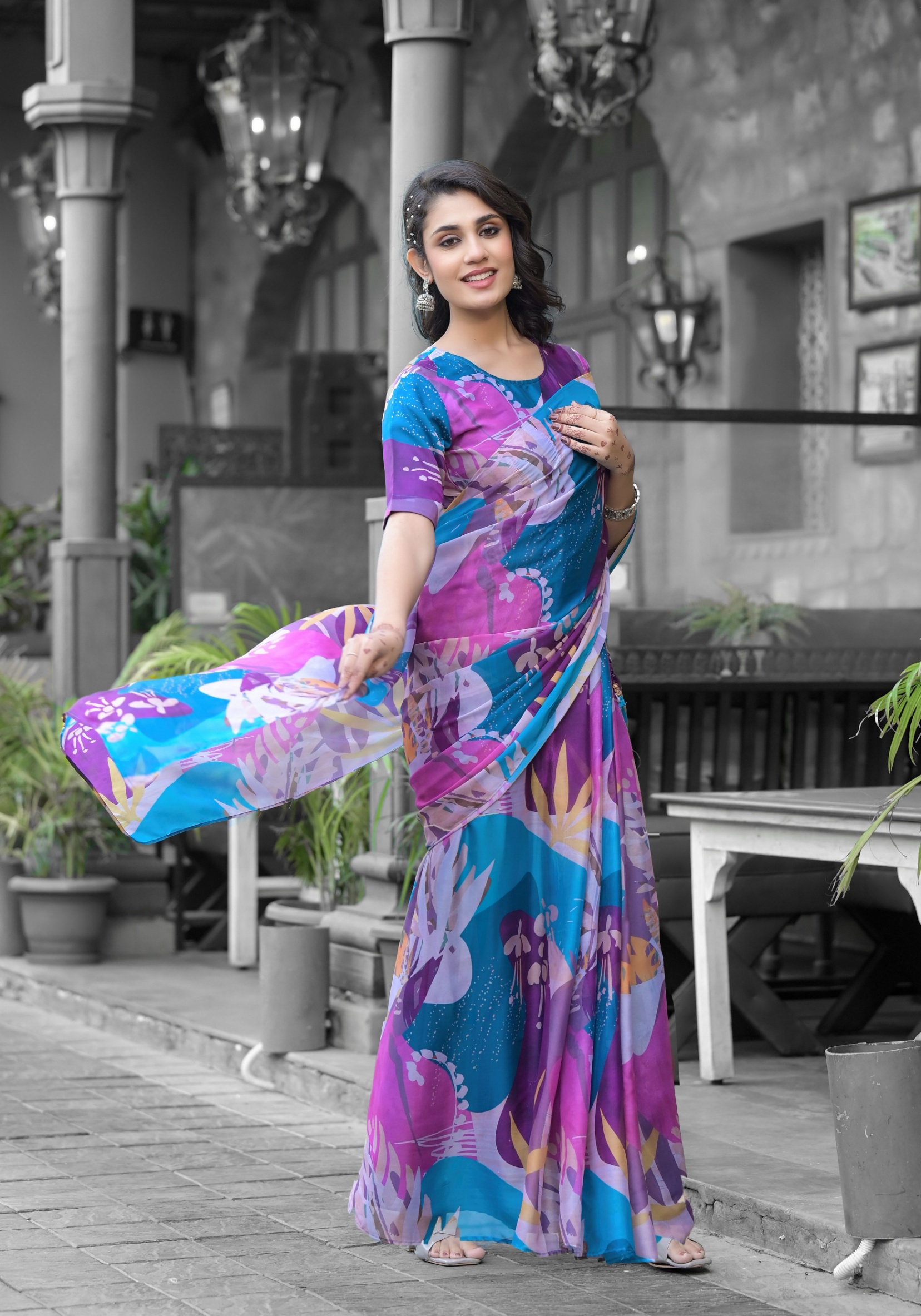 Multi Abstract Digital Print Georgette Saree Gown