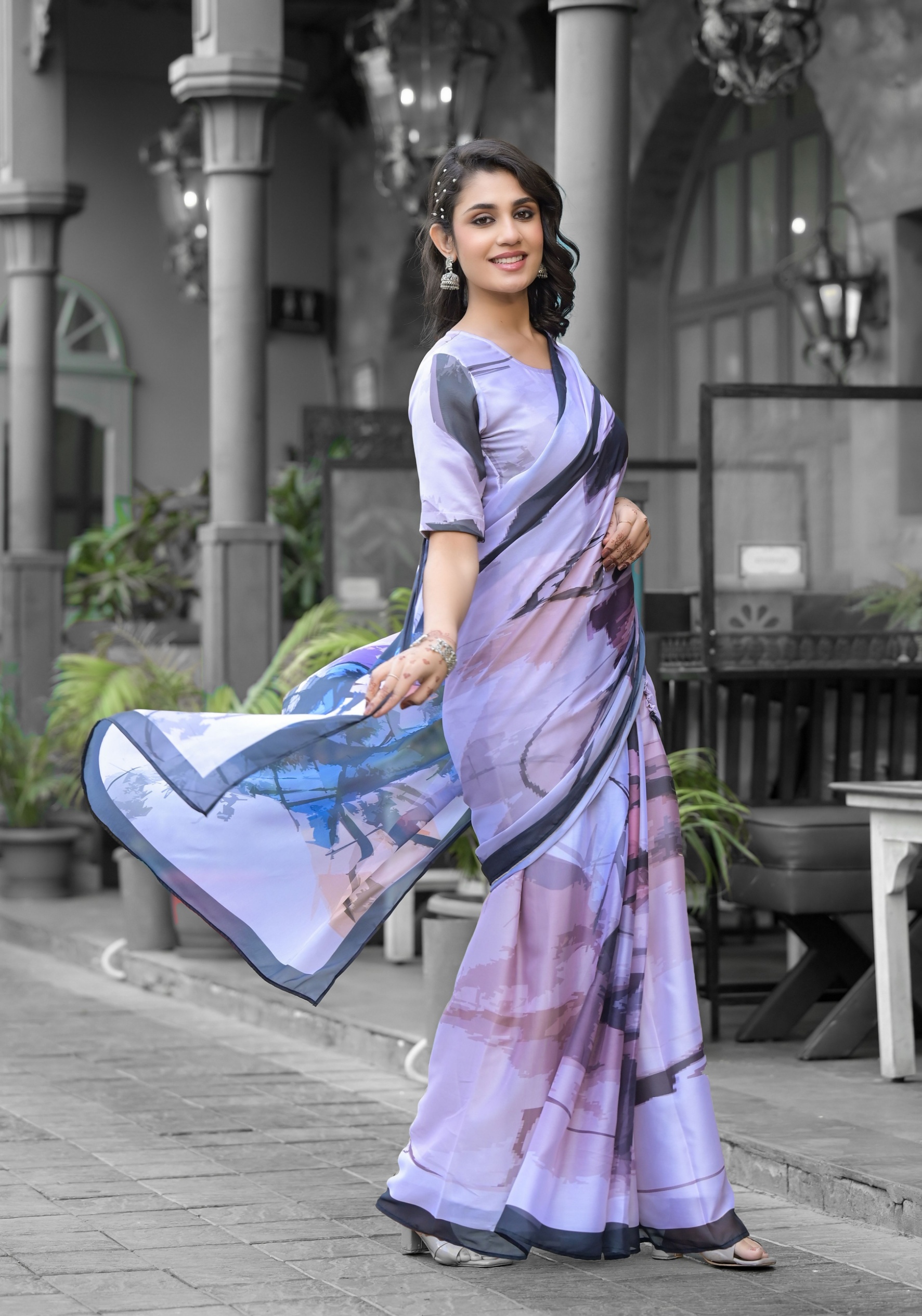Multi Artistic Digital Print Georgette Saree Gown — alternate view
