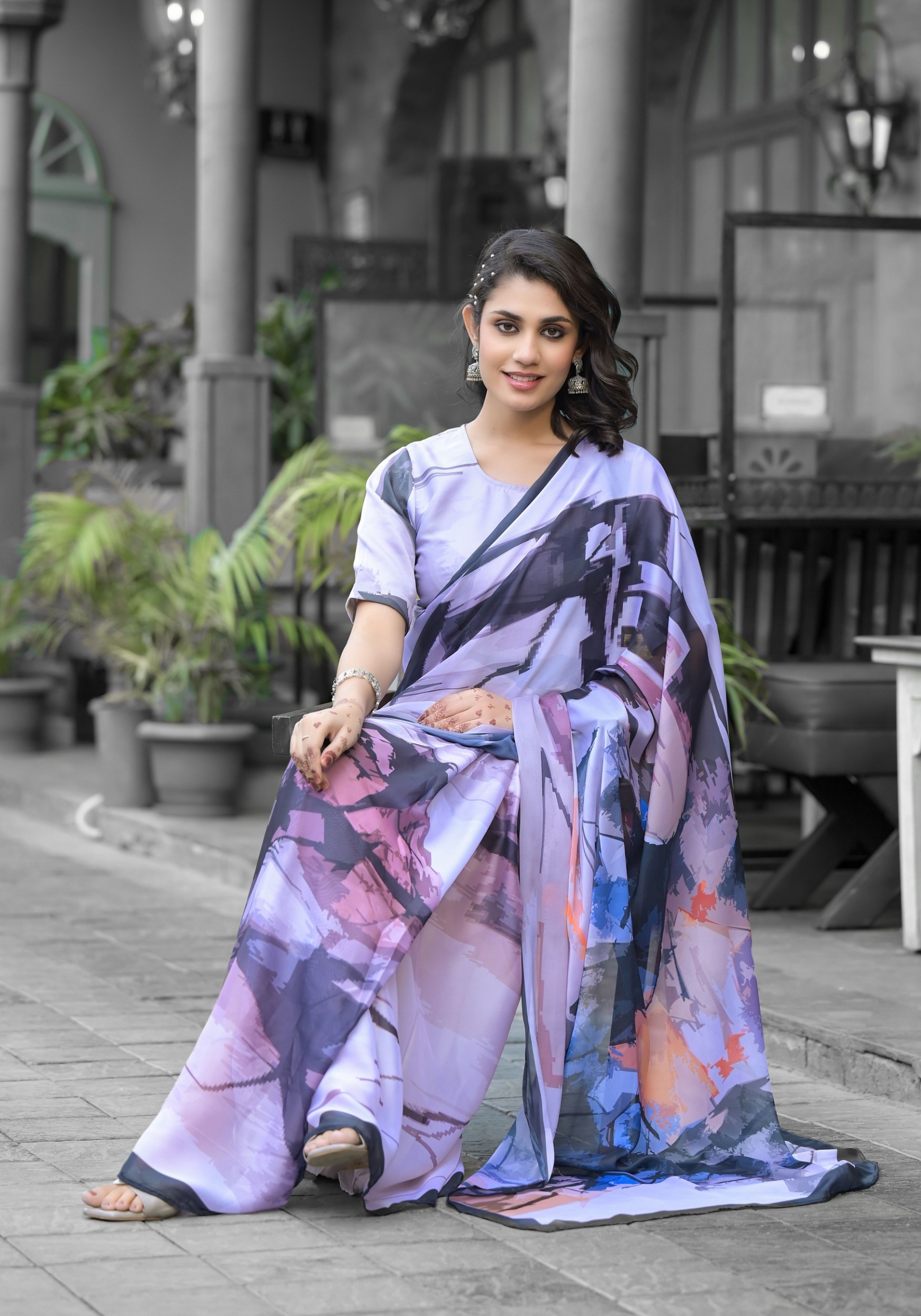 Multi Artistic Digital Print Georgette Saree Gown