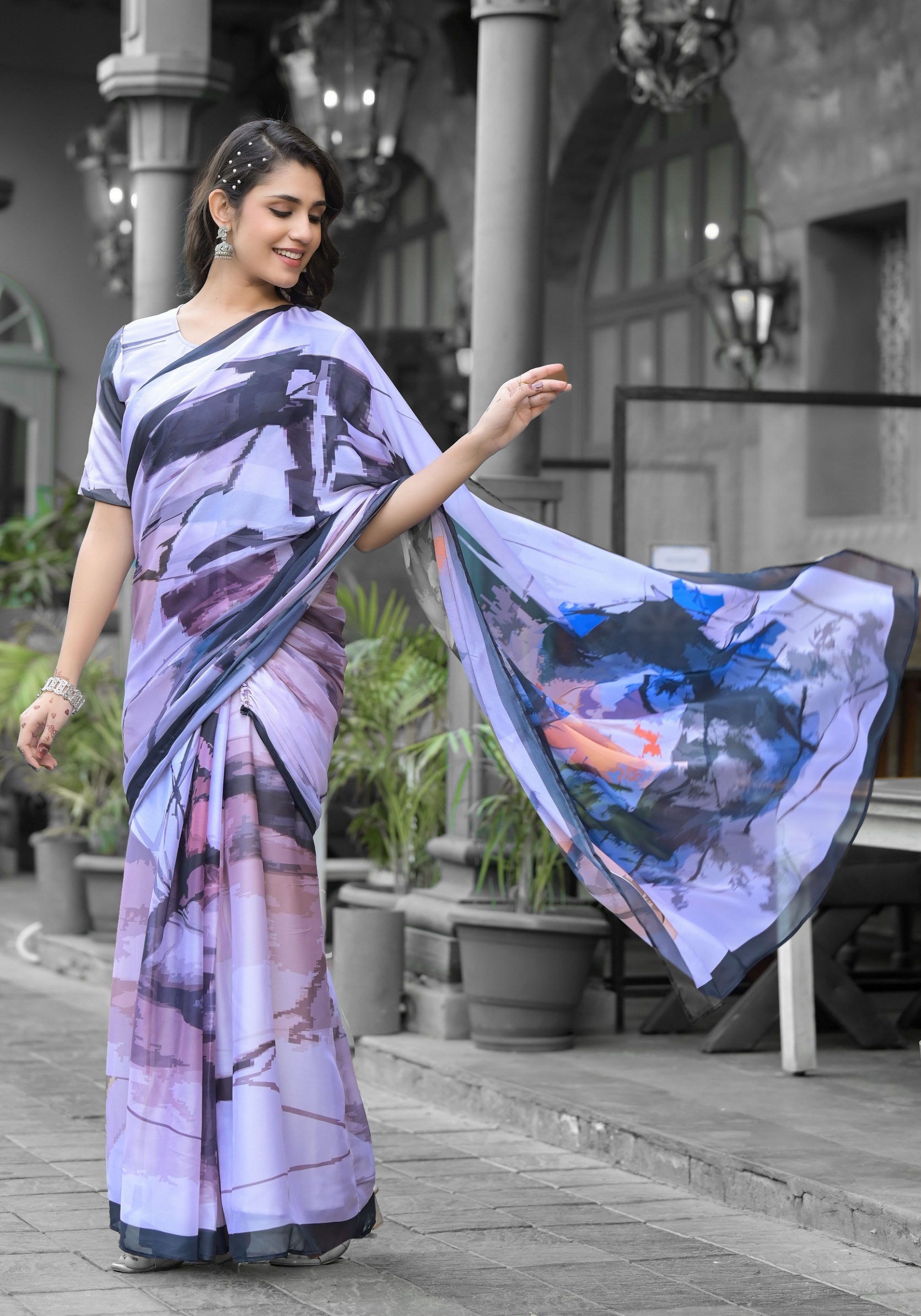 Multi Artistic Digital Print Georgette Saree Gown