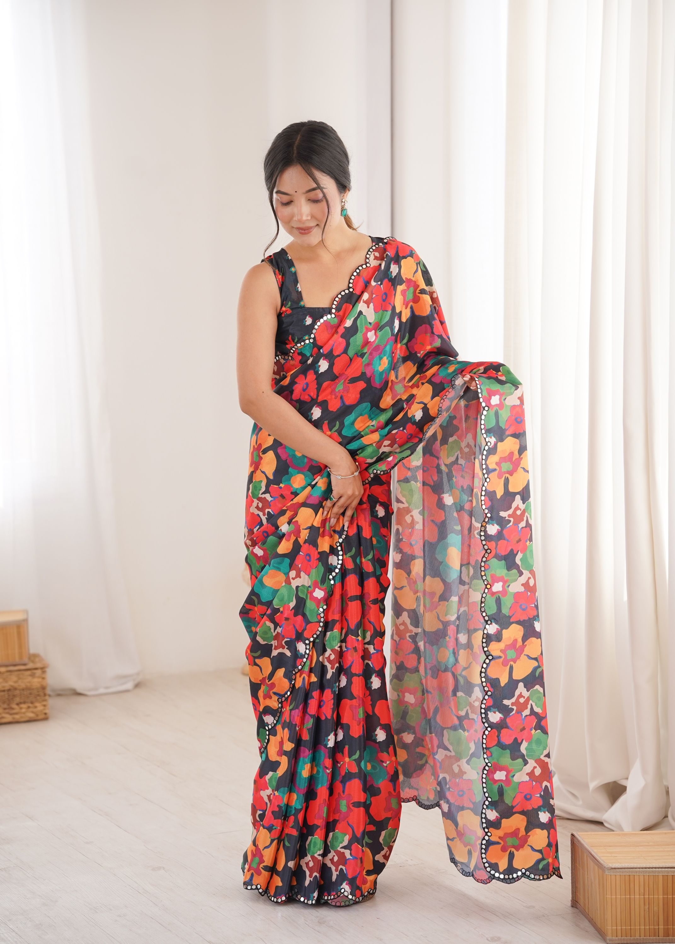 Multi Black Chinon Printed Mirror Work Saree