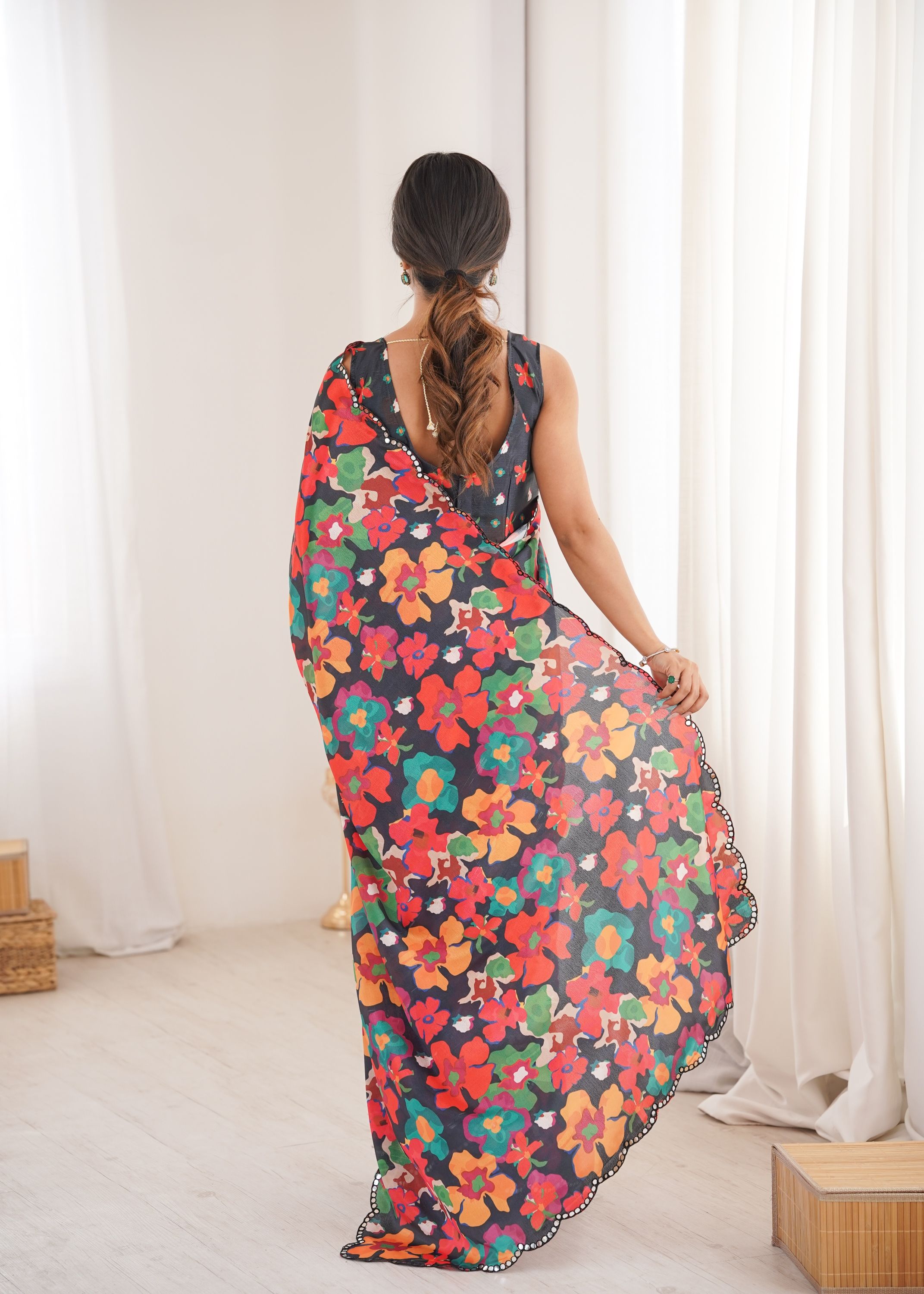 Multi Black Chinon Printed Mirror Work Saree — alternate view