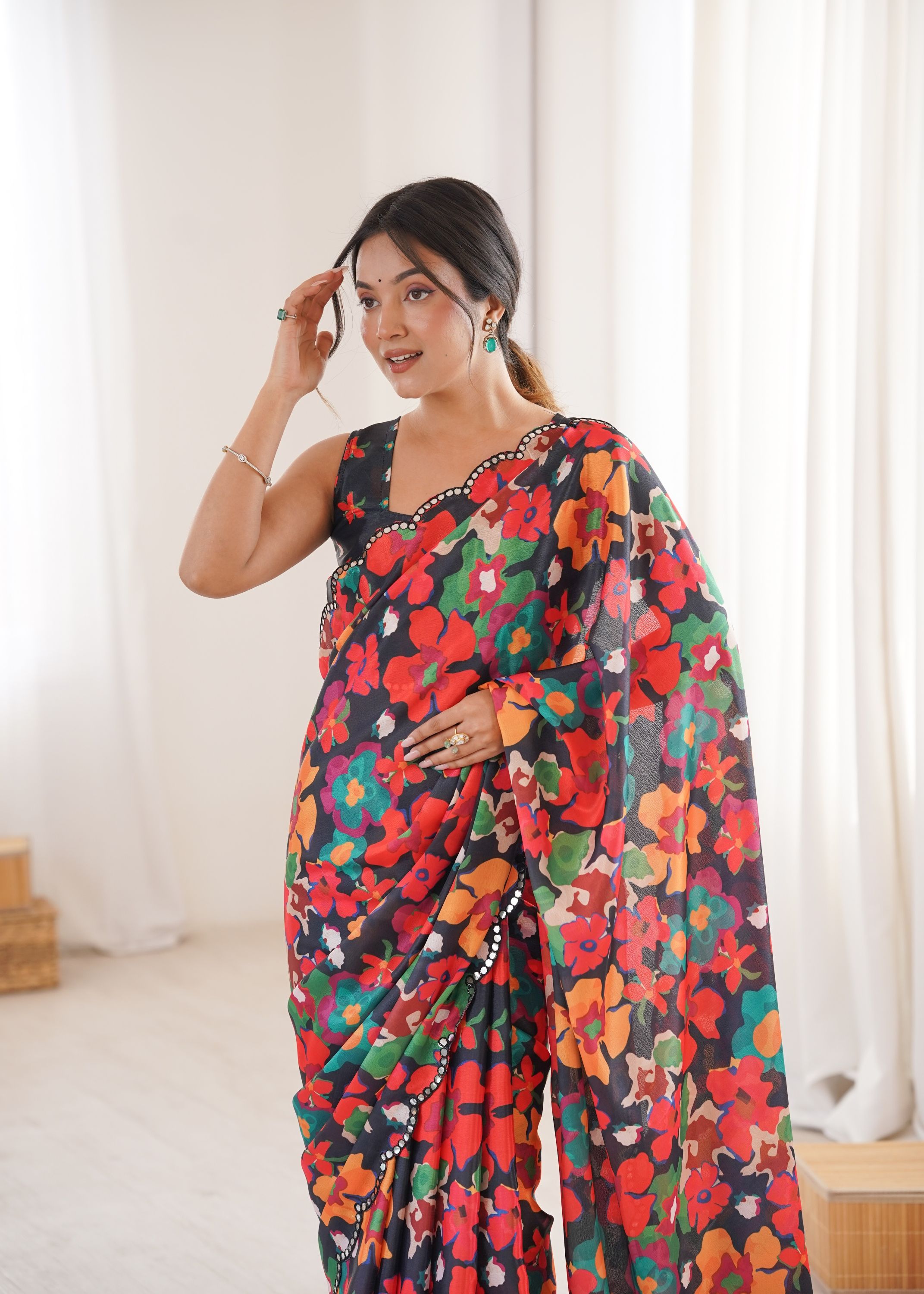 Multi Black Chinon Printed Mirror Work Saree