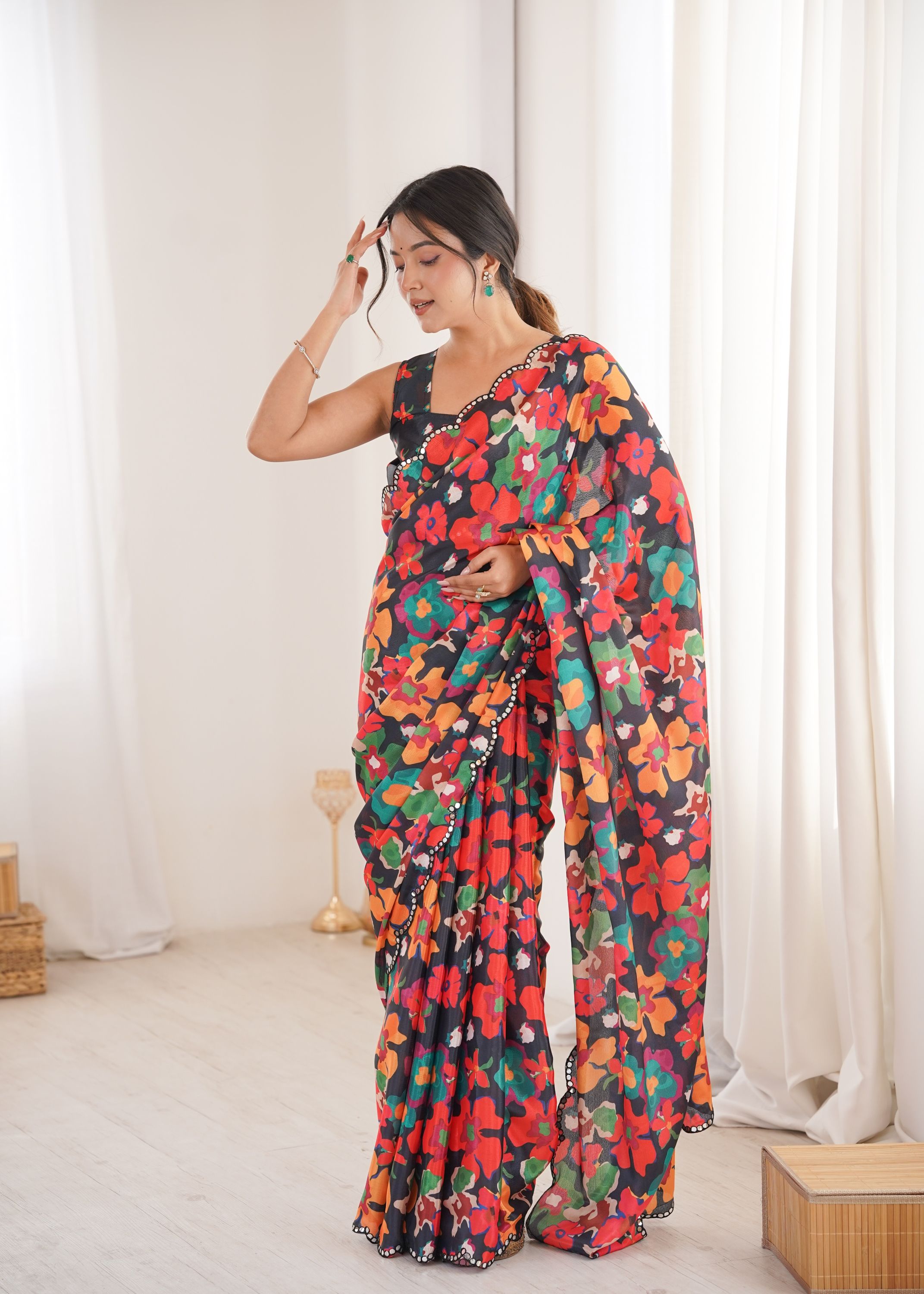 Multi Black Chinon Printed Mirror Work Saree