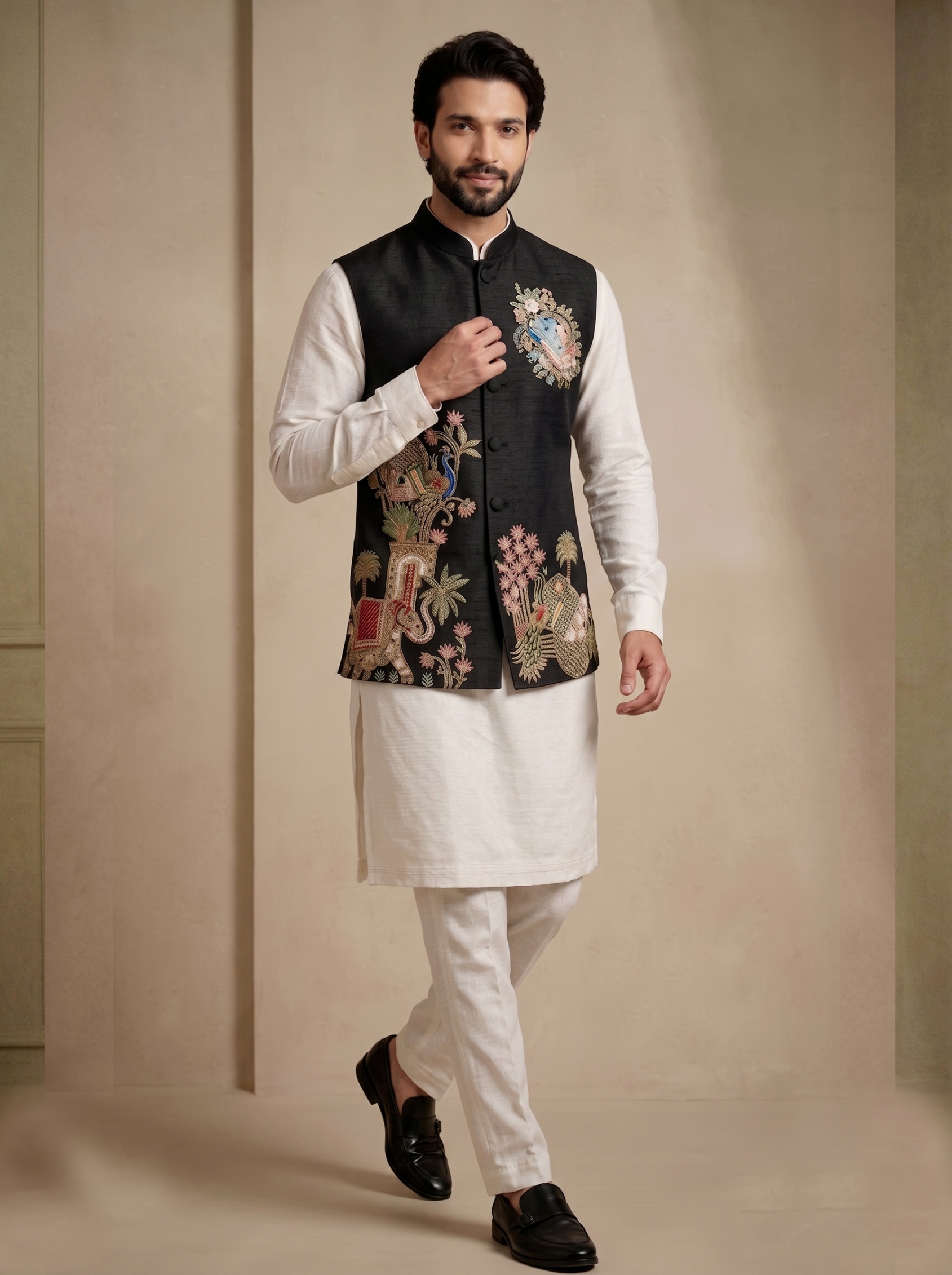 Multi Black Embroidered Viscose Jacket Kurta Pyjama