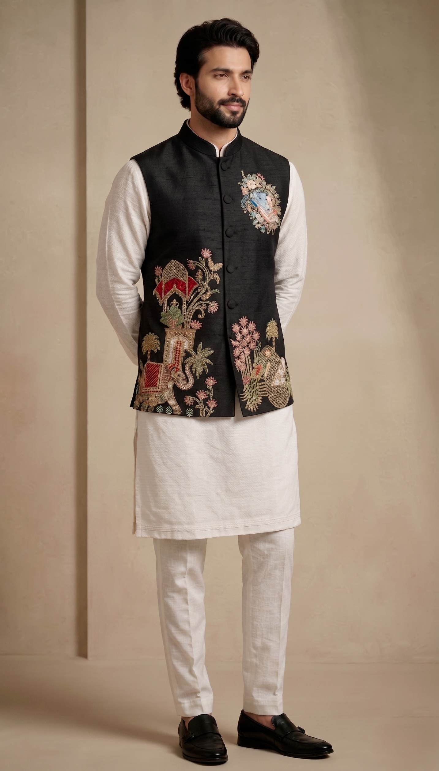 Multi Black Embroidered Viscose Jacket Kurta Pyjama — alternate view