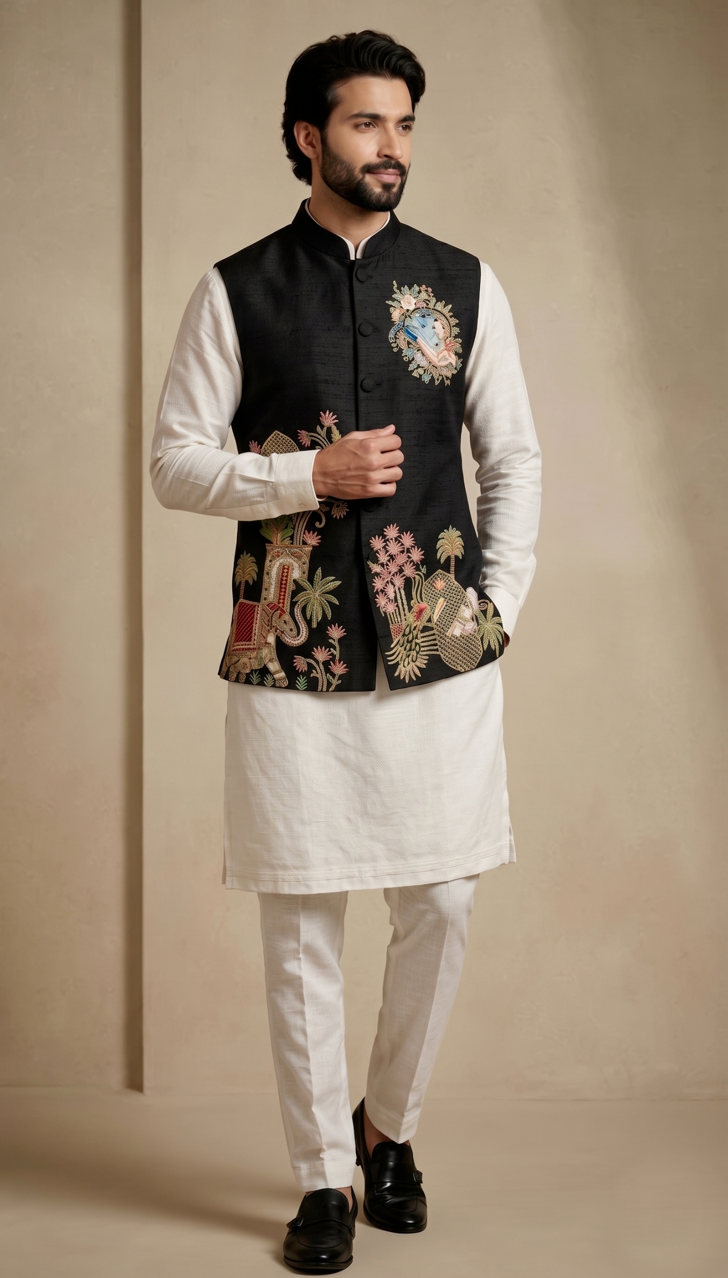 Multi Black Embroidered Viscose Jacket Kurta Pyjama