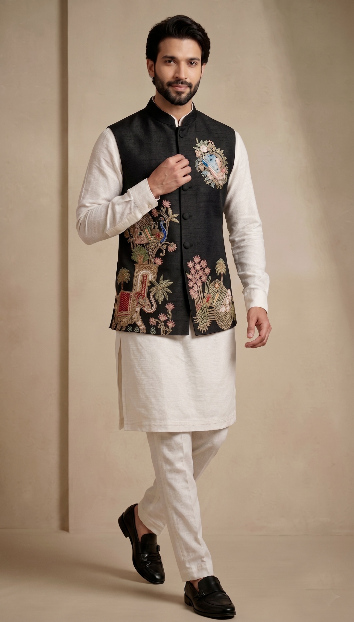 Multi Black Embroidered Viscose Jacket Kurta Pyjama