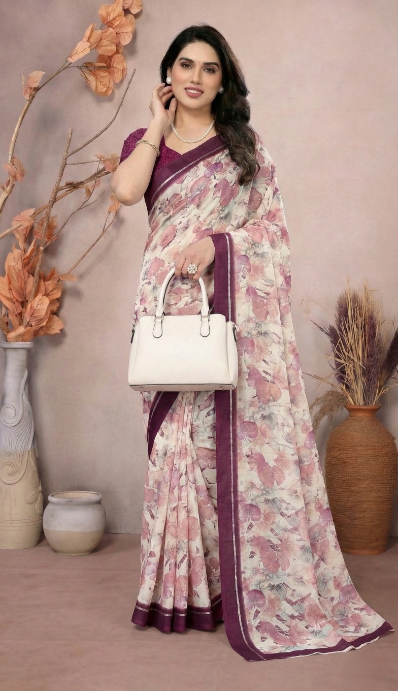 Multi Blossom Print Moss Satin Saree