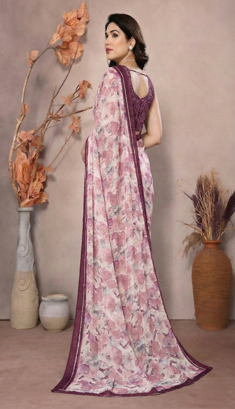 Multi Blossom Print Moss Satin Saree — alternate view