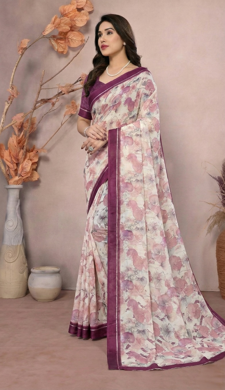 Multi Blossom Print Moss Satin Saree