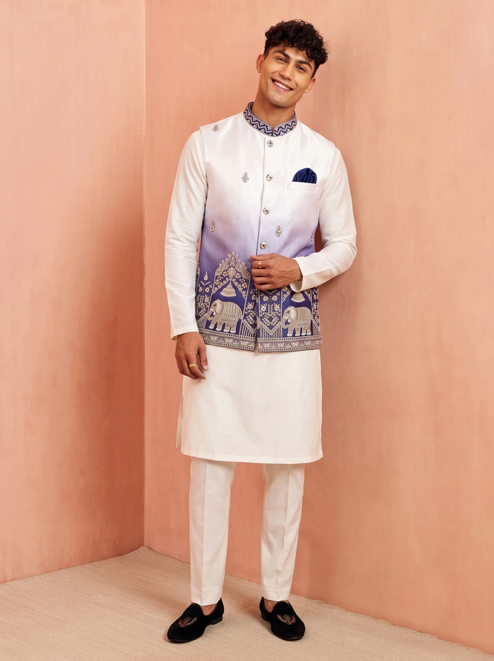 Multi Blue Embroidery Doniar Satin Jacket Kurta