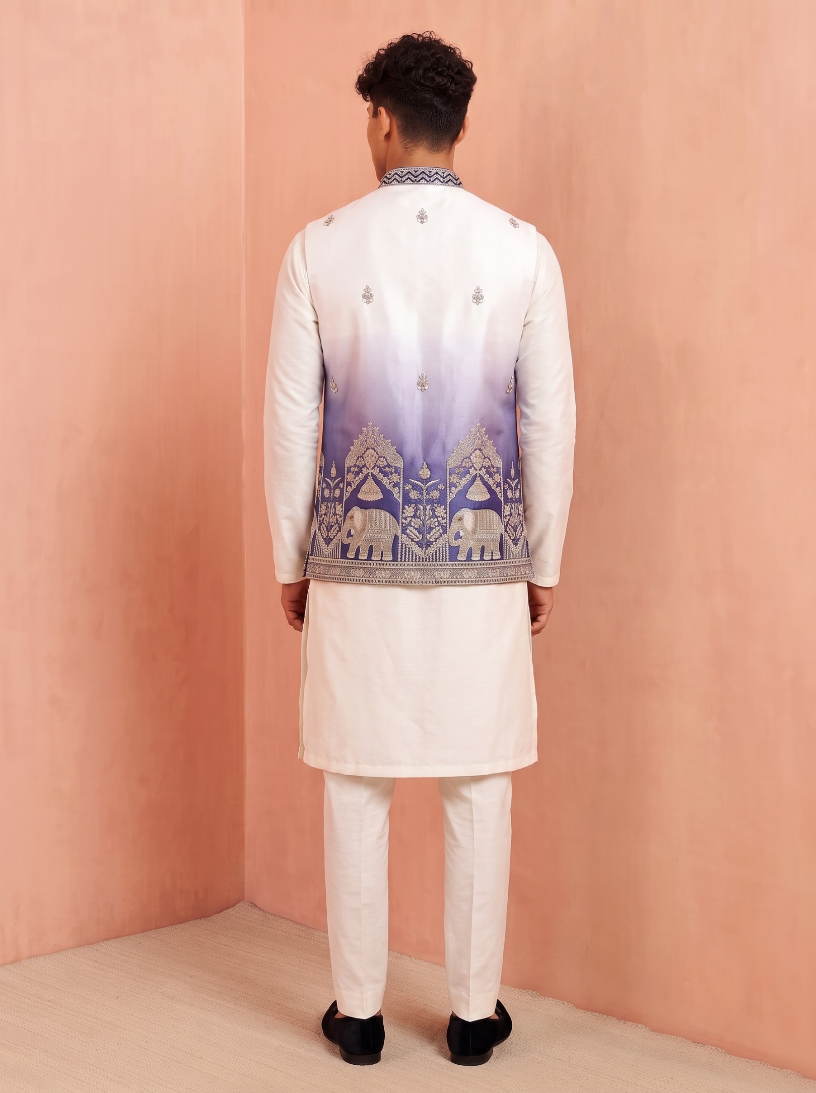 Multi Blue Embroidery Doniar Satin Jacket Kurta — alternate view