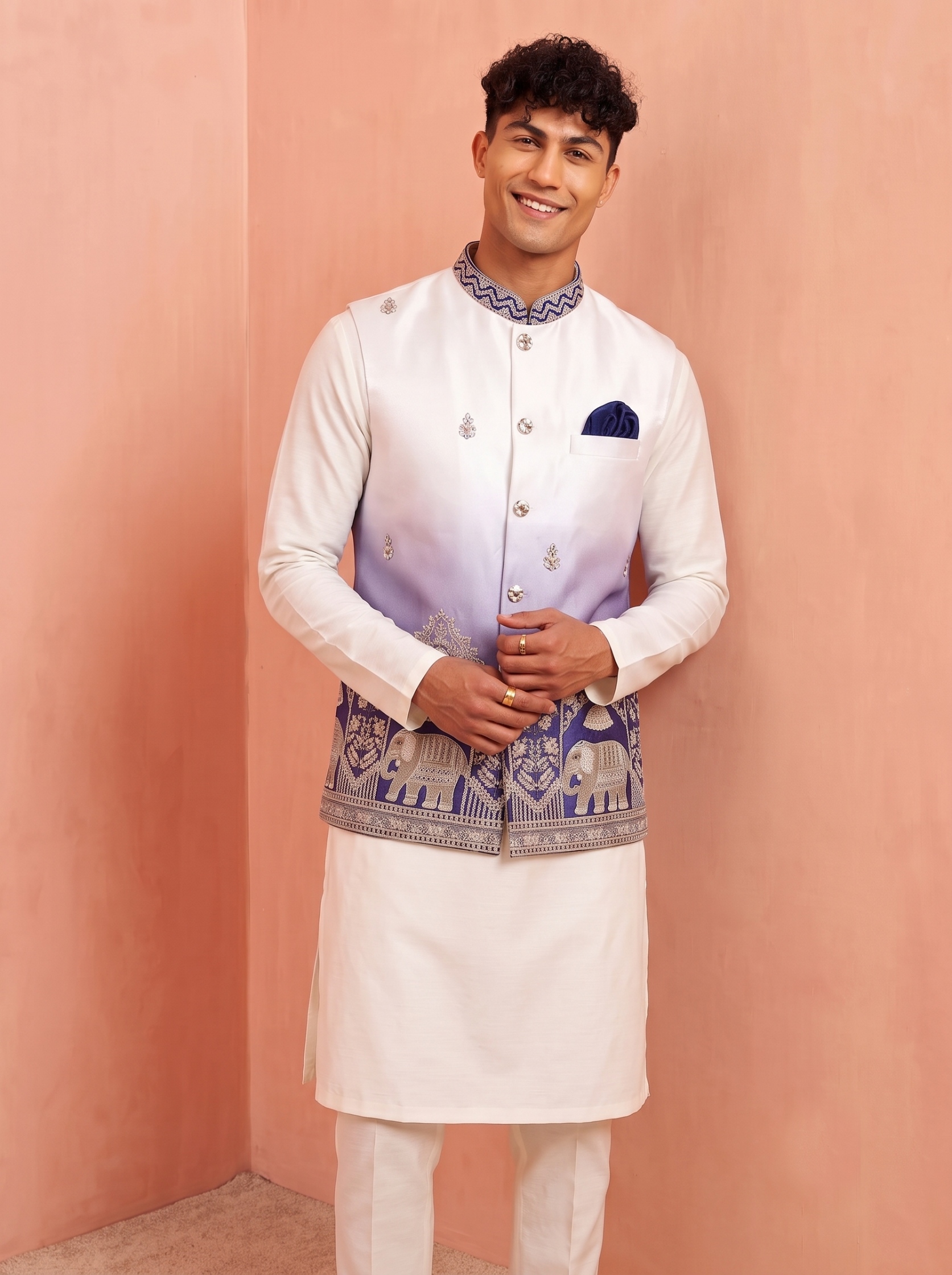 Multi Blue Embroidery Doniar Satin Jacket Kurta