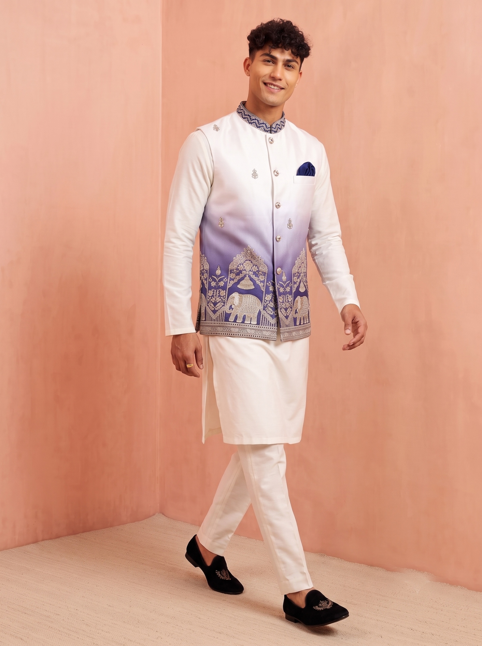 Multi Blue Embroidery Doniar Satin Jacket Kurta