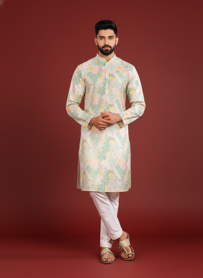 Multi Botanical Art Silk Designer Kurta Pyjama