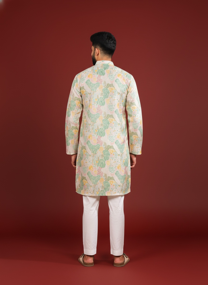 Multi Botanical Art Silk Designer Kurta Pyjama — alternate view