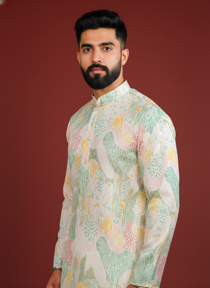 Multi Botanical Art Silk Designer Kurta Pyjama