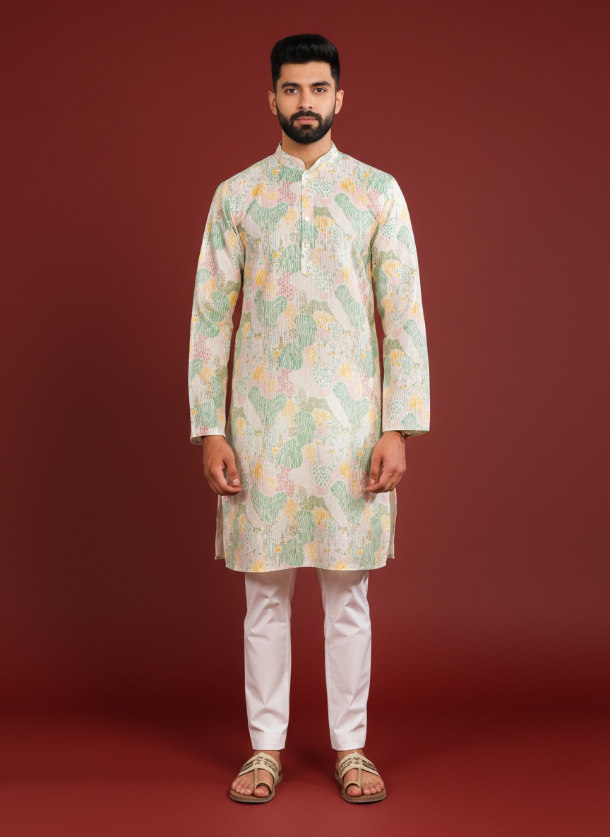 Multi Botanical Art Silk Designer Kurta Pyjama