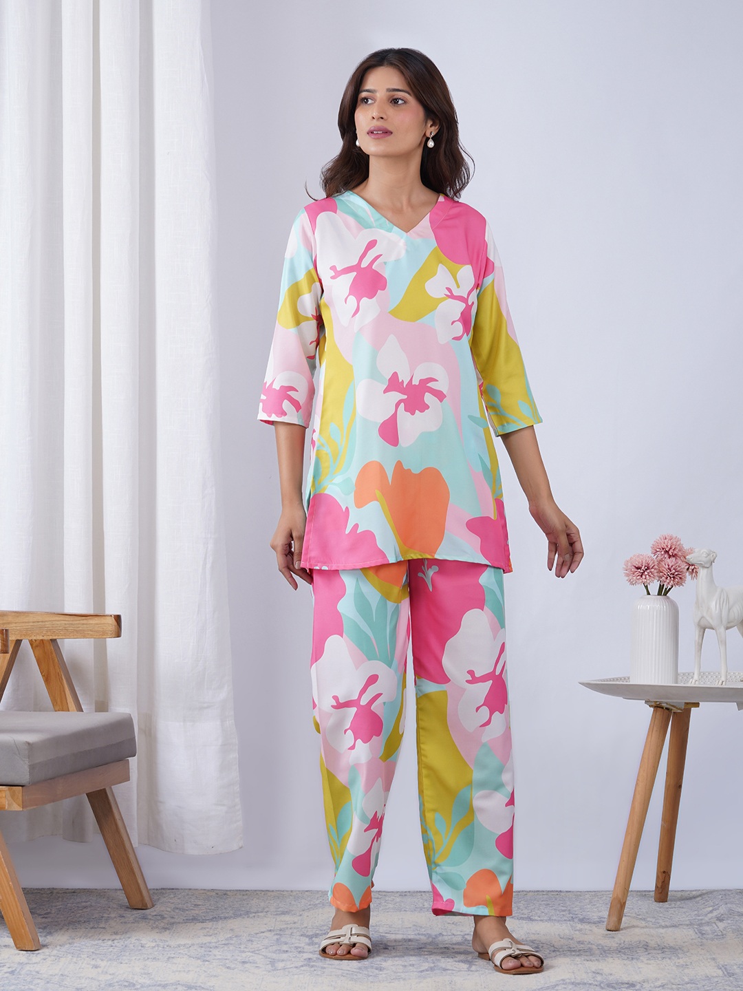 Multi Botanical Designer Printed Rayon Blend Co-Ord Set