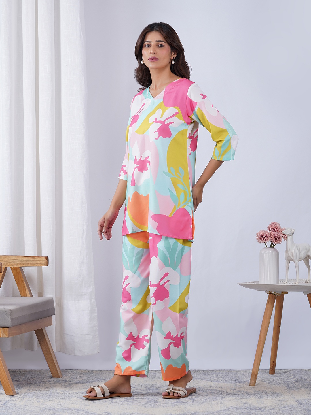 Multi Botanical Designer Printed Rayon Blend Co-Ord Set
