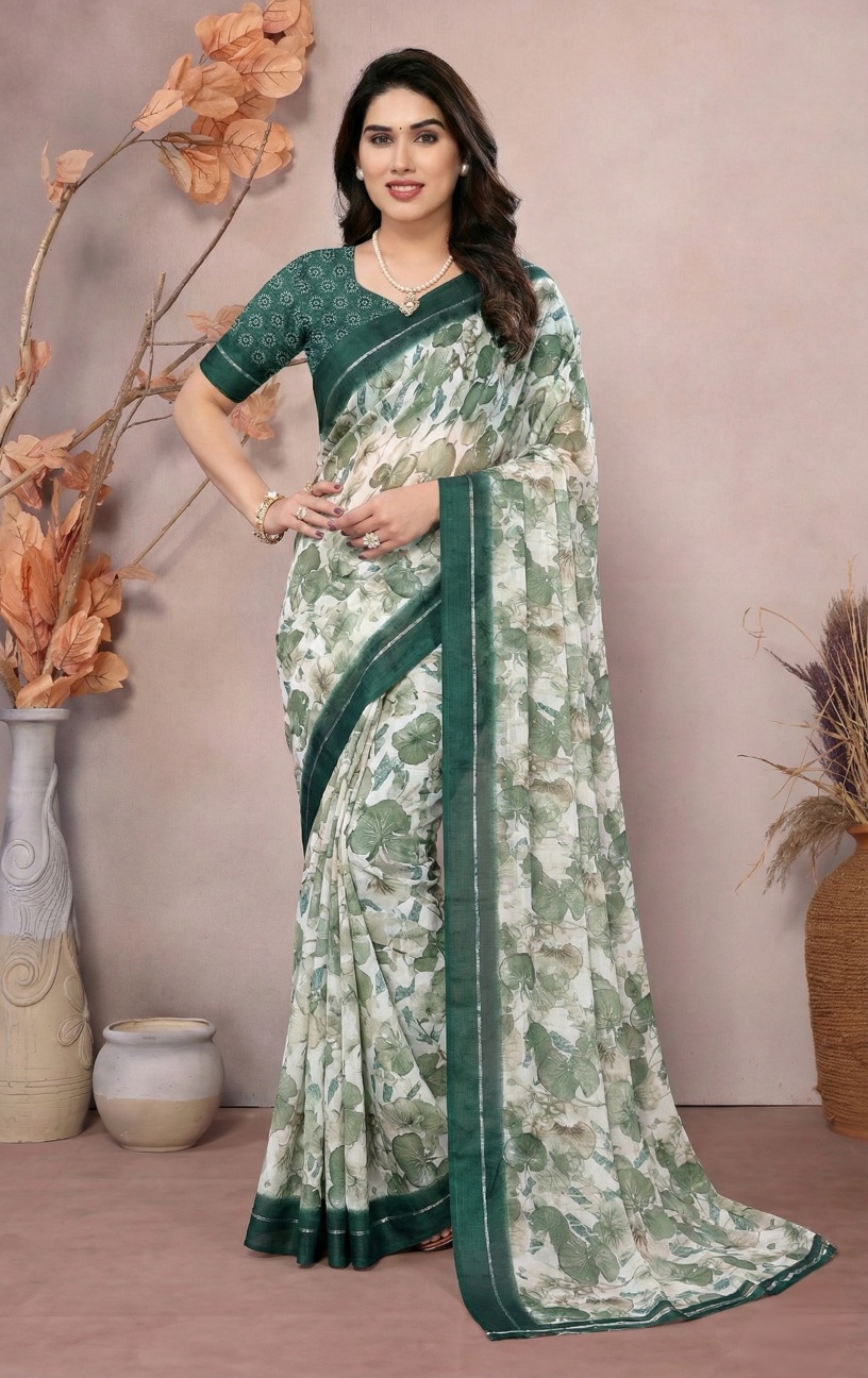 Multi Botanical Print Moss Satin Saree