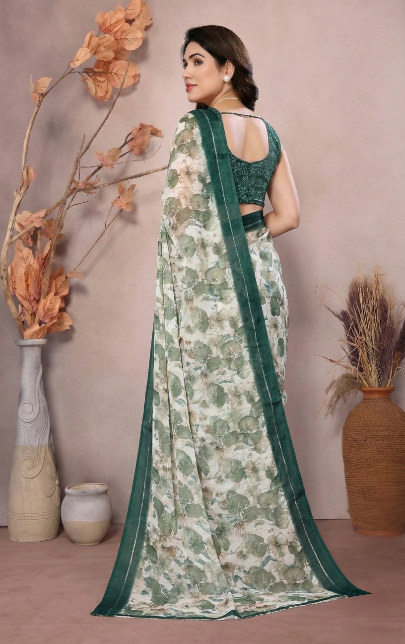 Multi Botanical Print Moss Satin Saree — alternate view