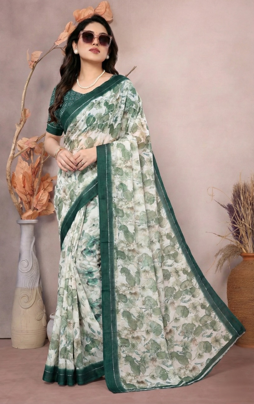 Multi Botanical Print Moss Satin Saree