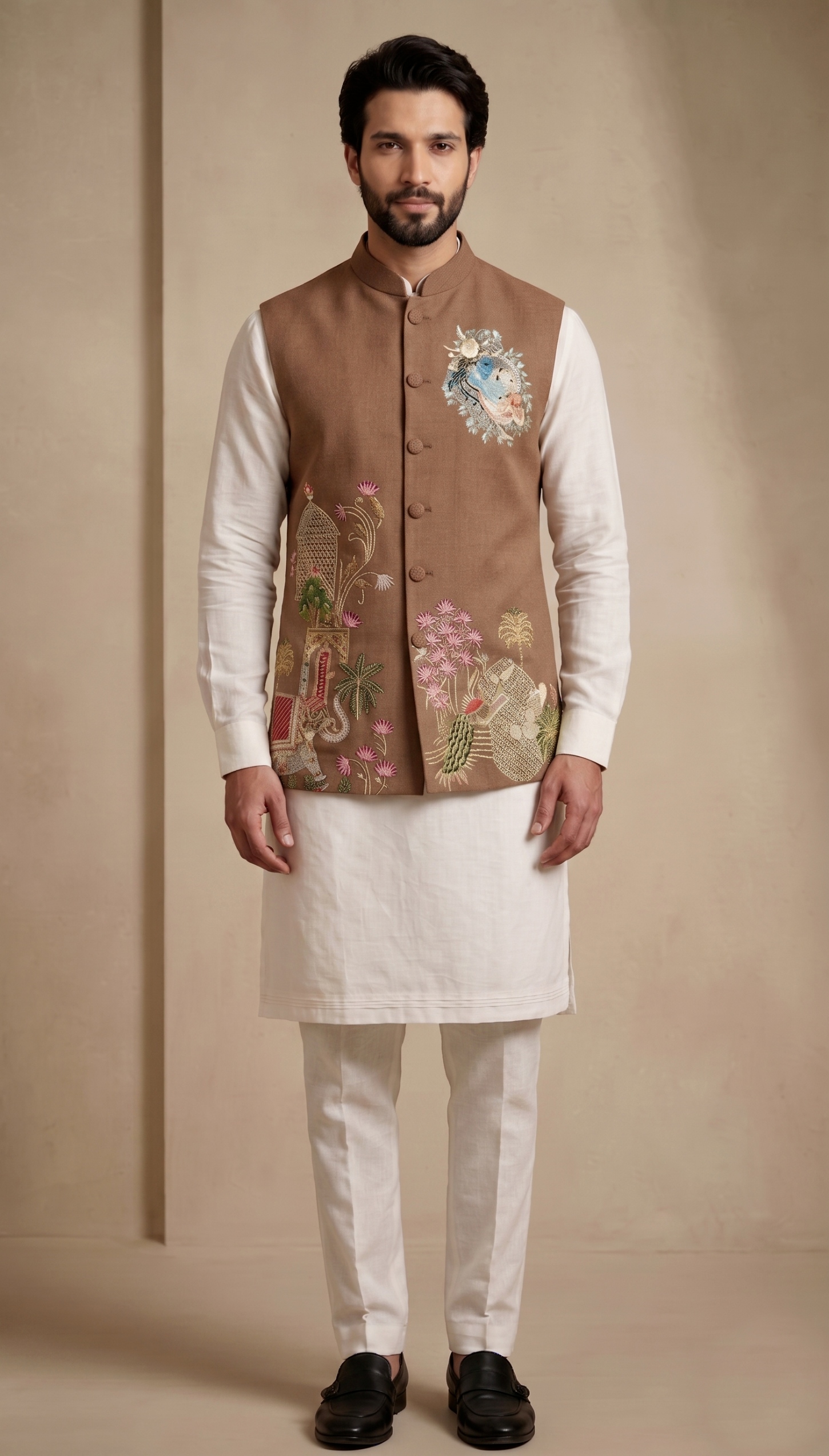 Multi Brown Embroidered Viscose Jacket Kurta Pyjama