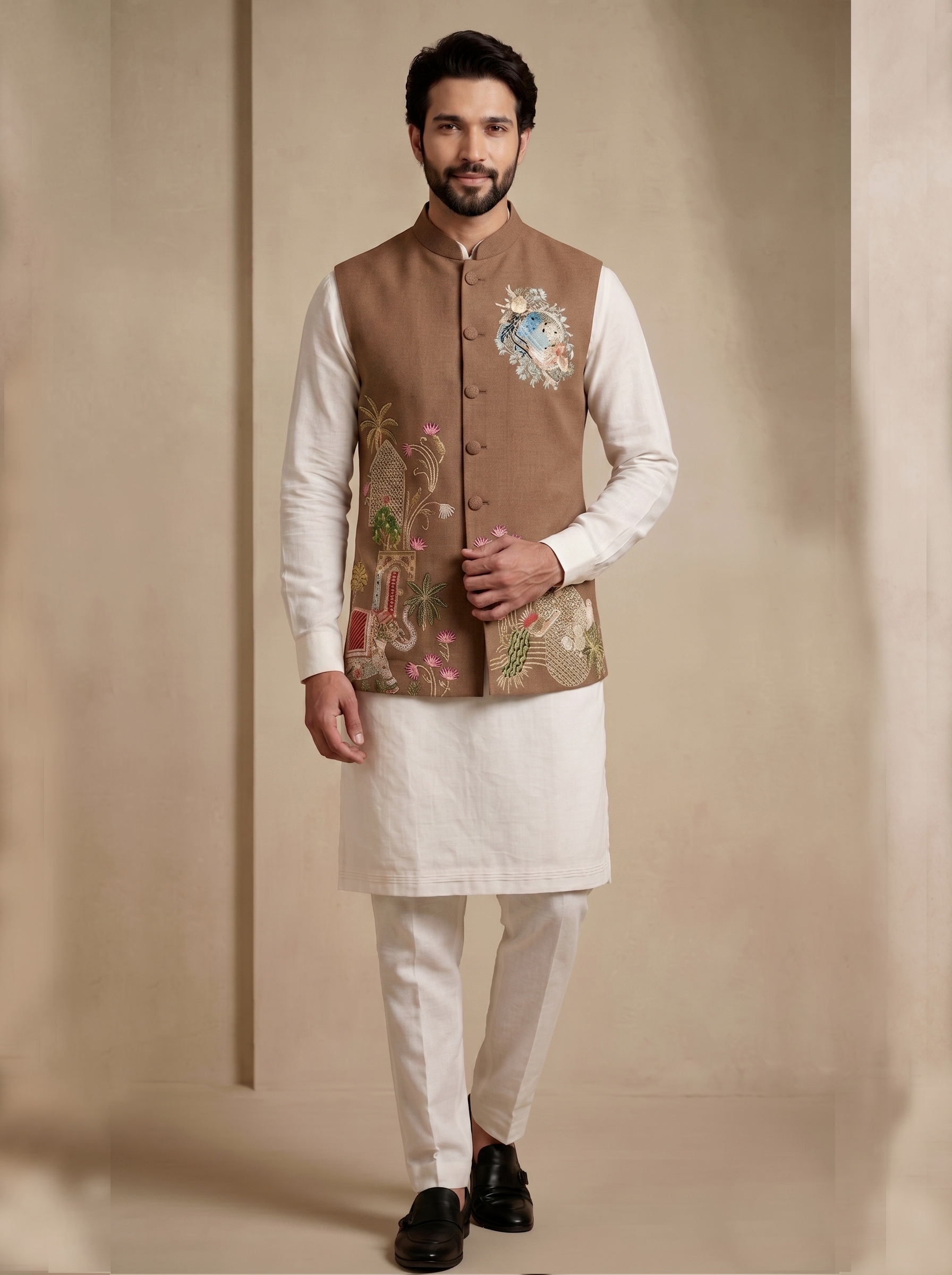 Multi Brown Embroidered Viscose Jacket Kurta Pyjama — alternate view