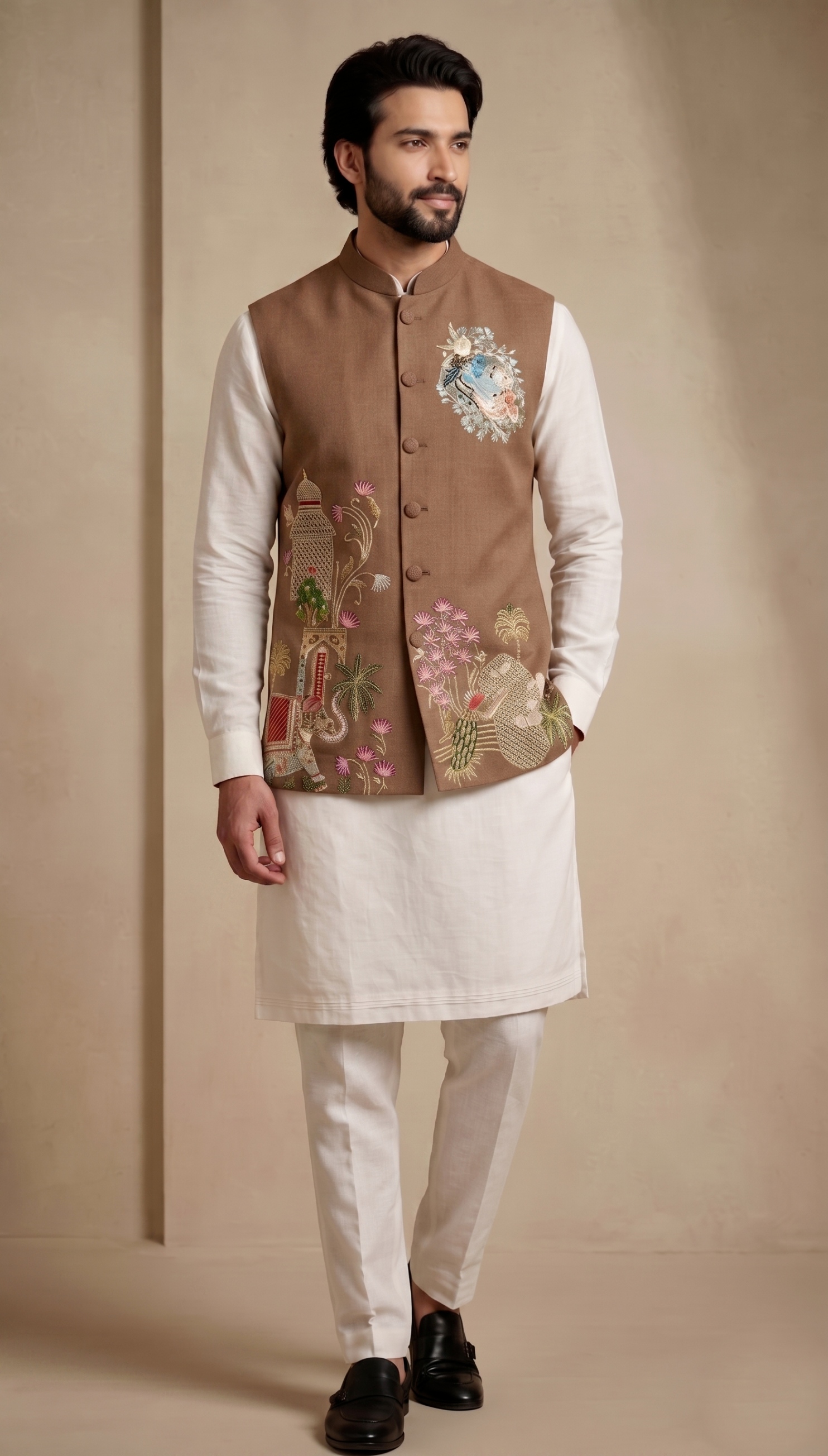 Multi Brown Embroidered Viscose Jacket Kurta Pyjama