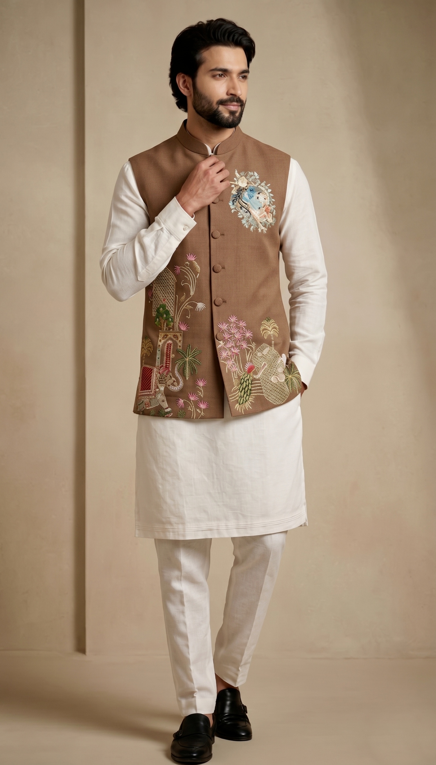 Multi Brown Embroidered Viscose Jacket Kurta Pyjama