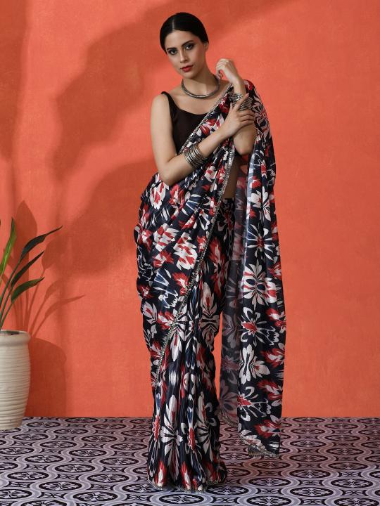 Multi Brown Printed Chinnon Saree